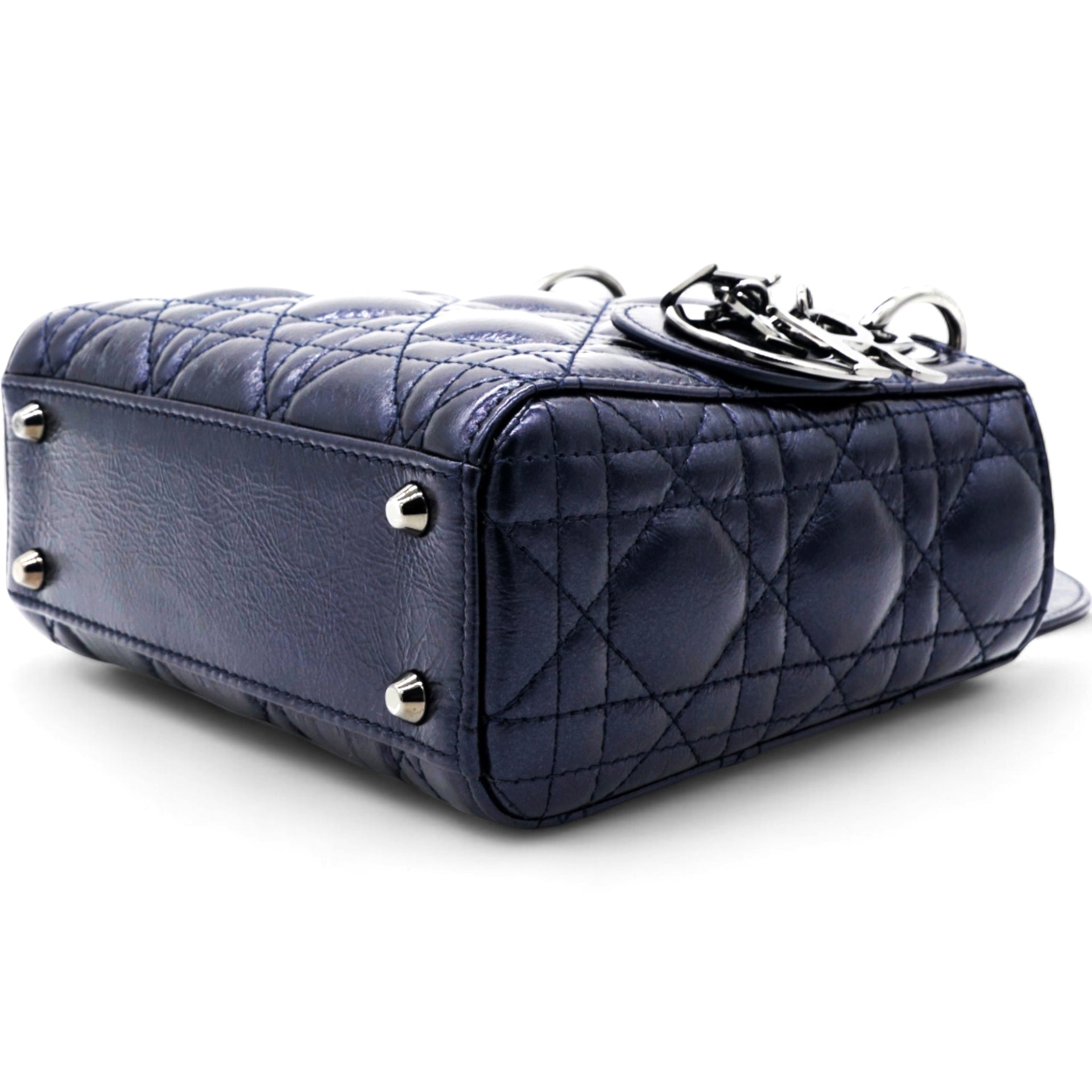 Metallic Lambskin Cannage Mini Lady Dior Dew Bleu