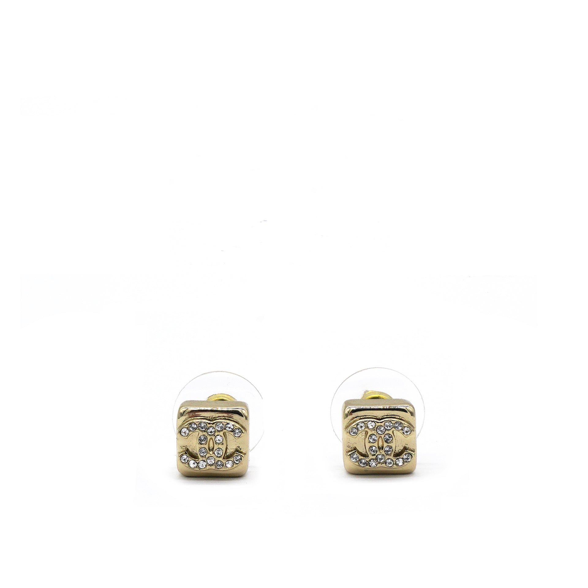 Square Rhinestone Gold CC Logo Earrings