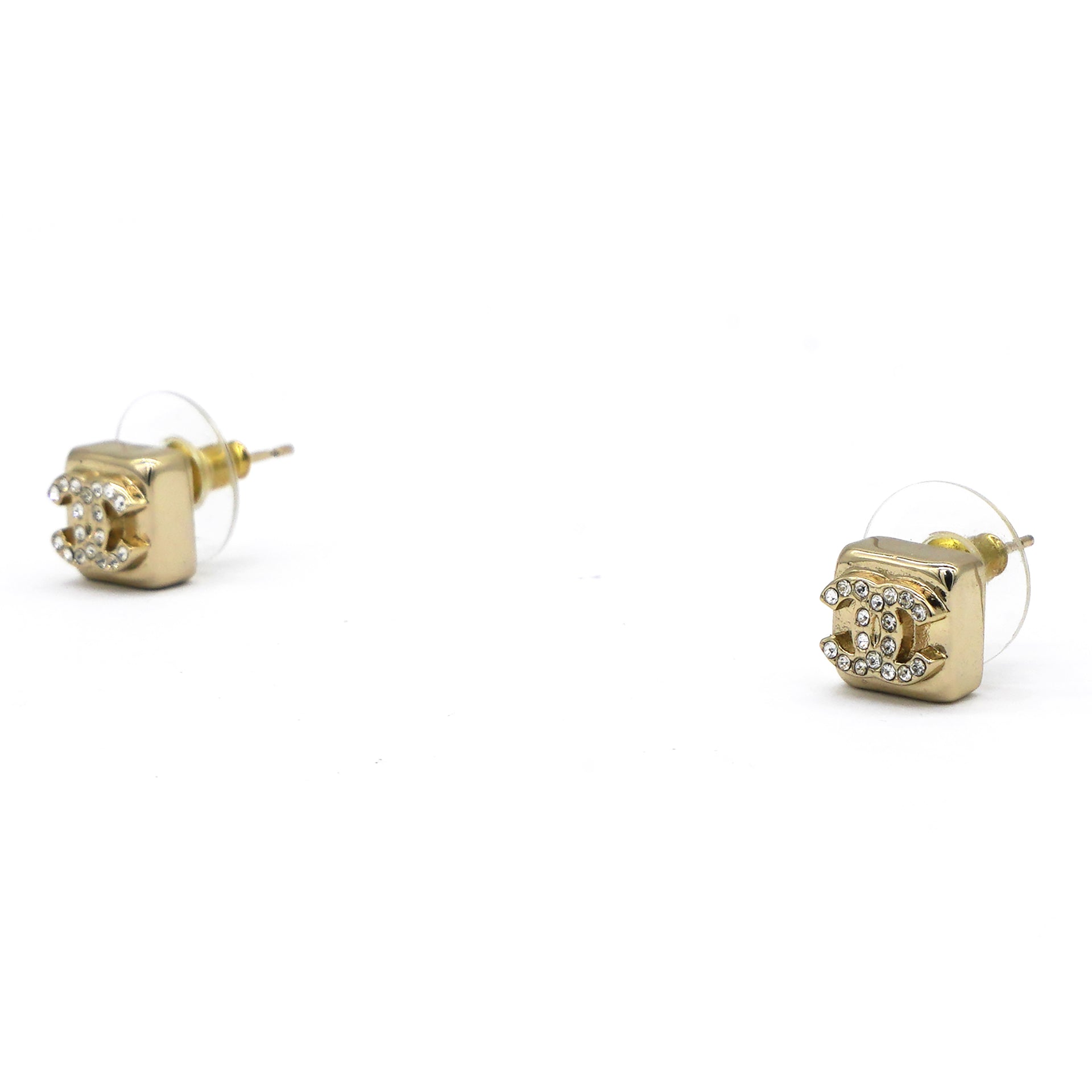 Square Rhinestone Gold CC Logo Earrings