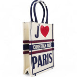 Canvas Embroidered I Love Paris Vertical Book Tote White Mini