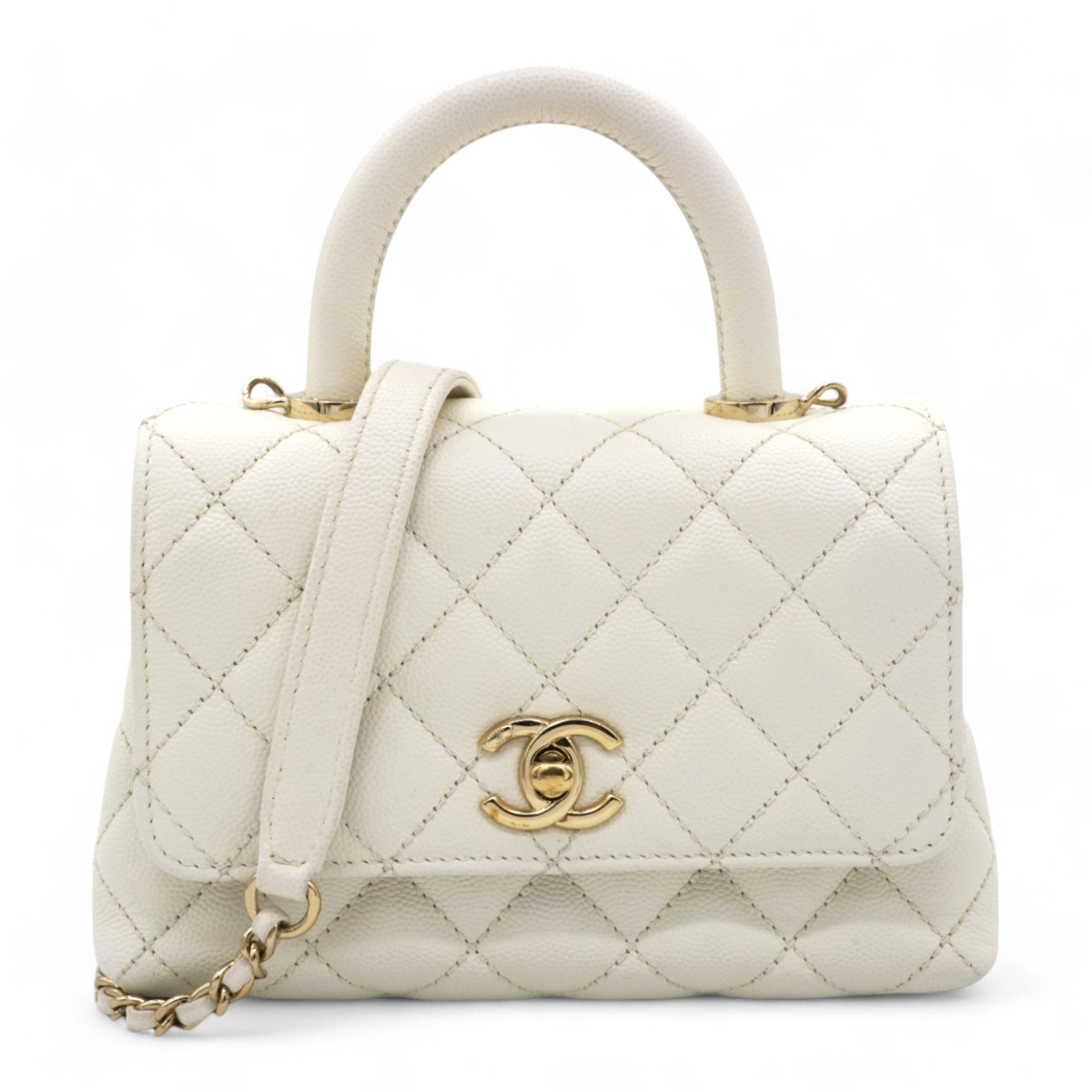 Caviar Quilted Mini Coco Handle Flap White