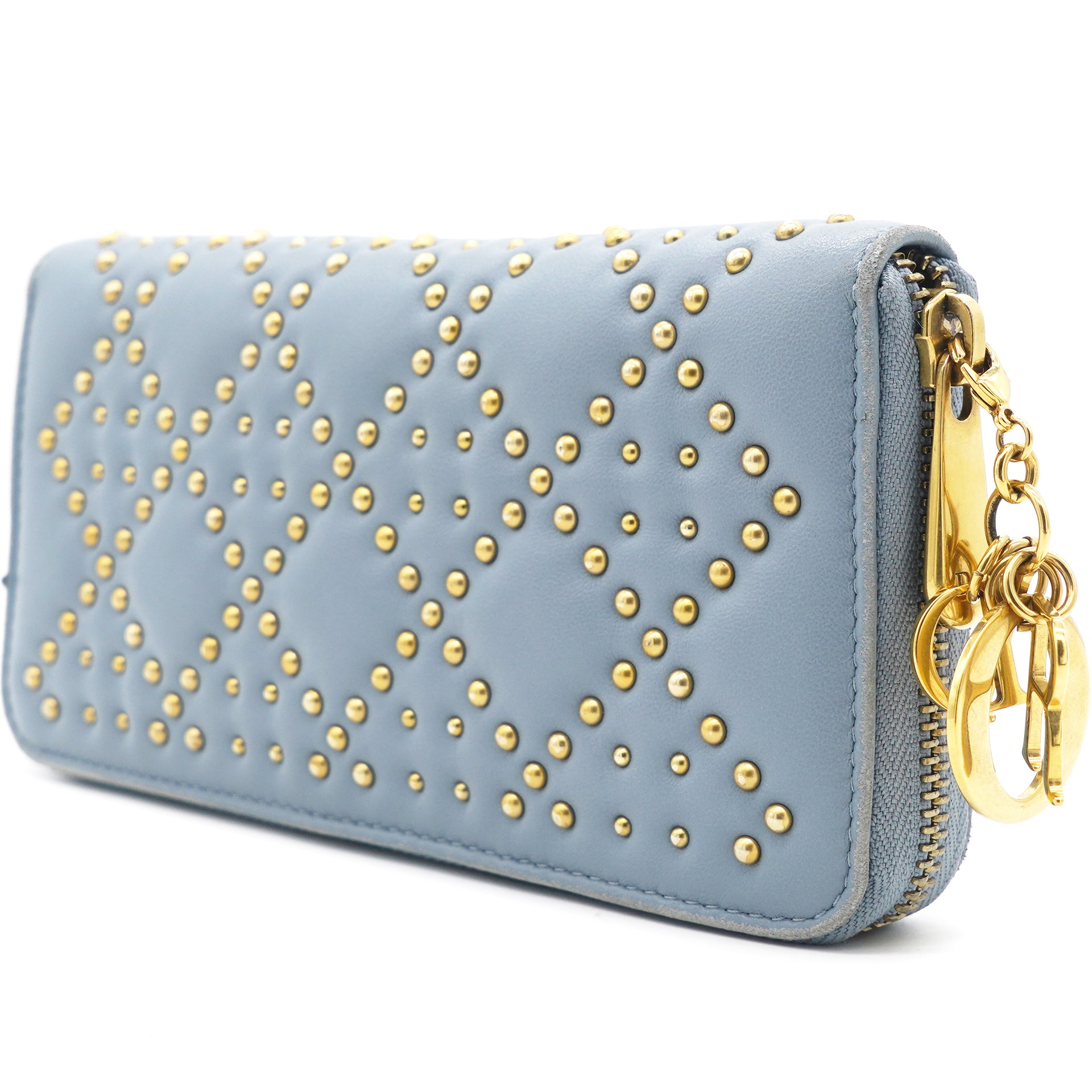 Lambskin Cannage Long Wallet Light Blue Gold Hardware