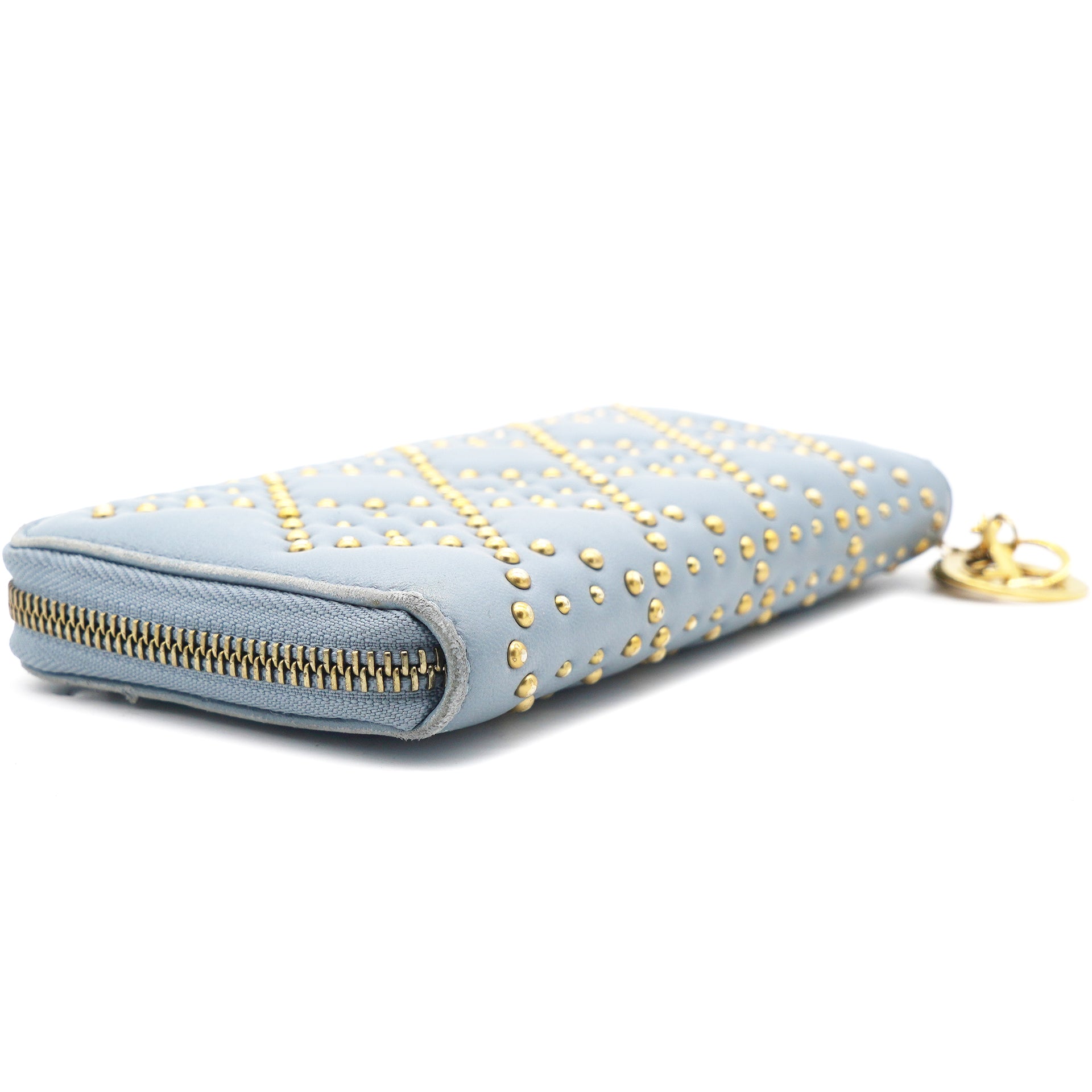 Lambskin Cannage Long Wallet Light Blue Gold Hardware