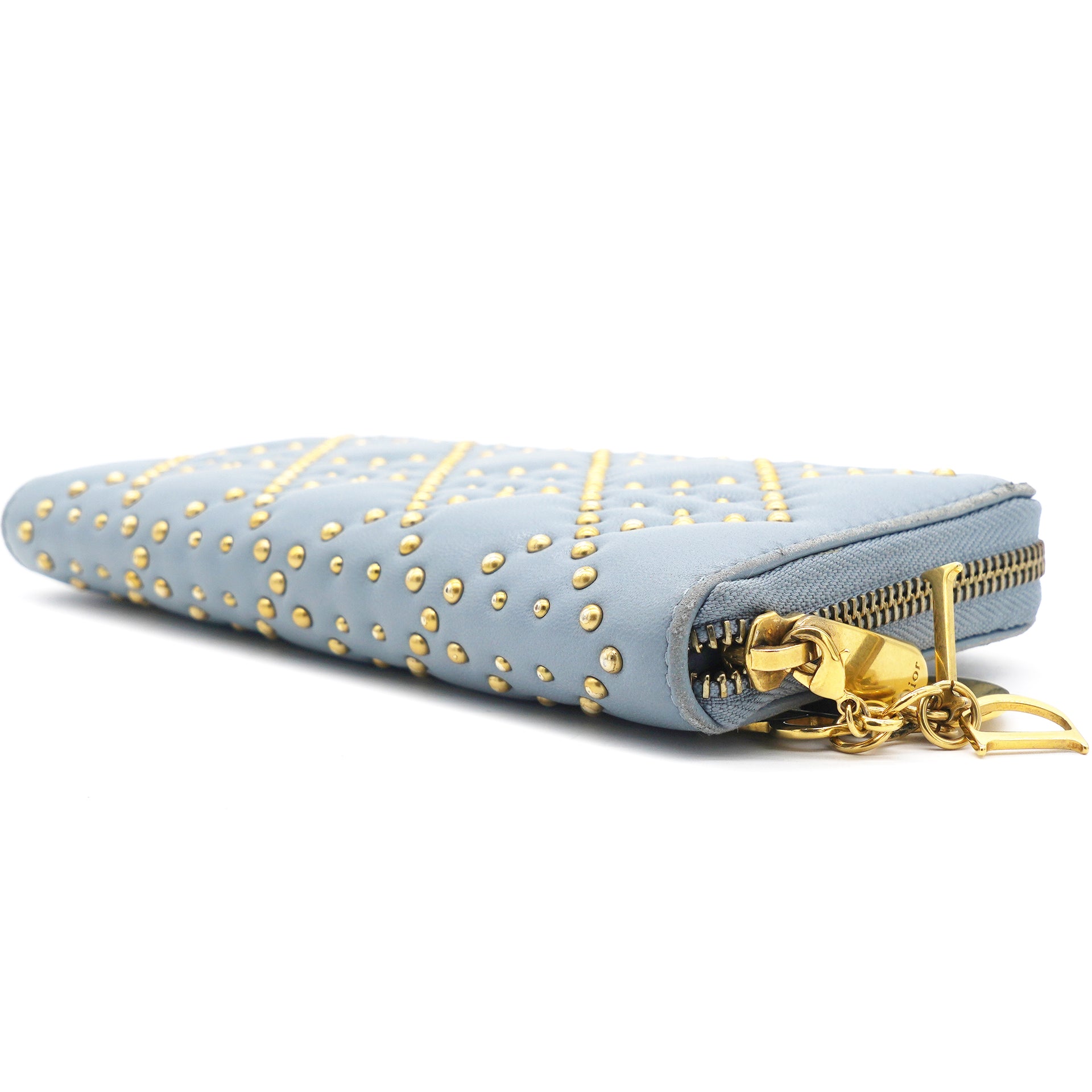 Lambskin Cannage Long Wallet Light Blue Gold Hardware