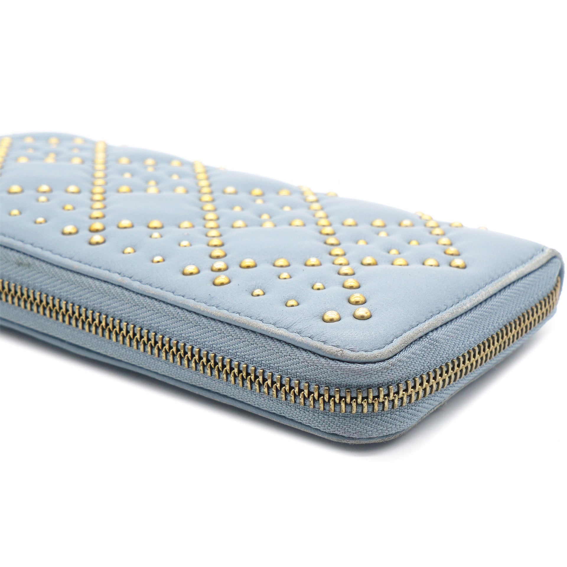 Lambskin Cannage Long Wallet Light Blue Gold Hardware