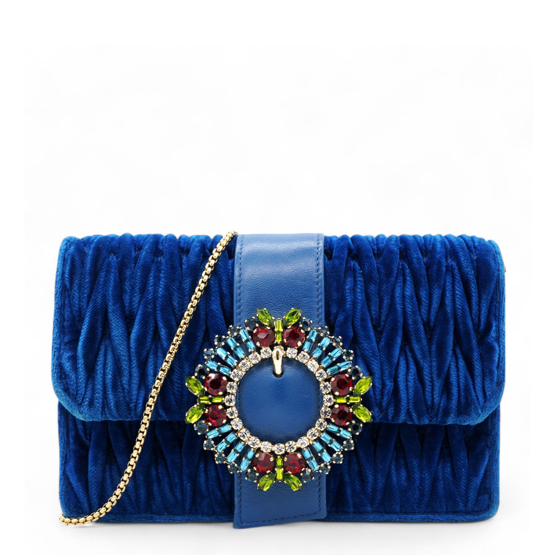 Blue Matelassé Velvet Jewel Clutch on chain