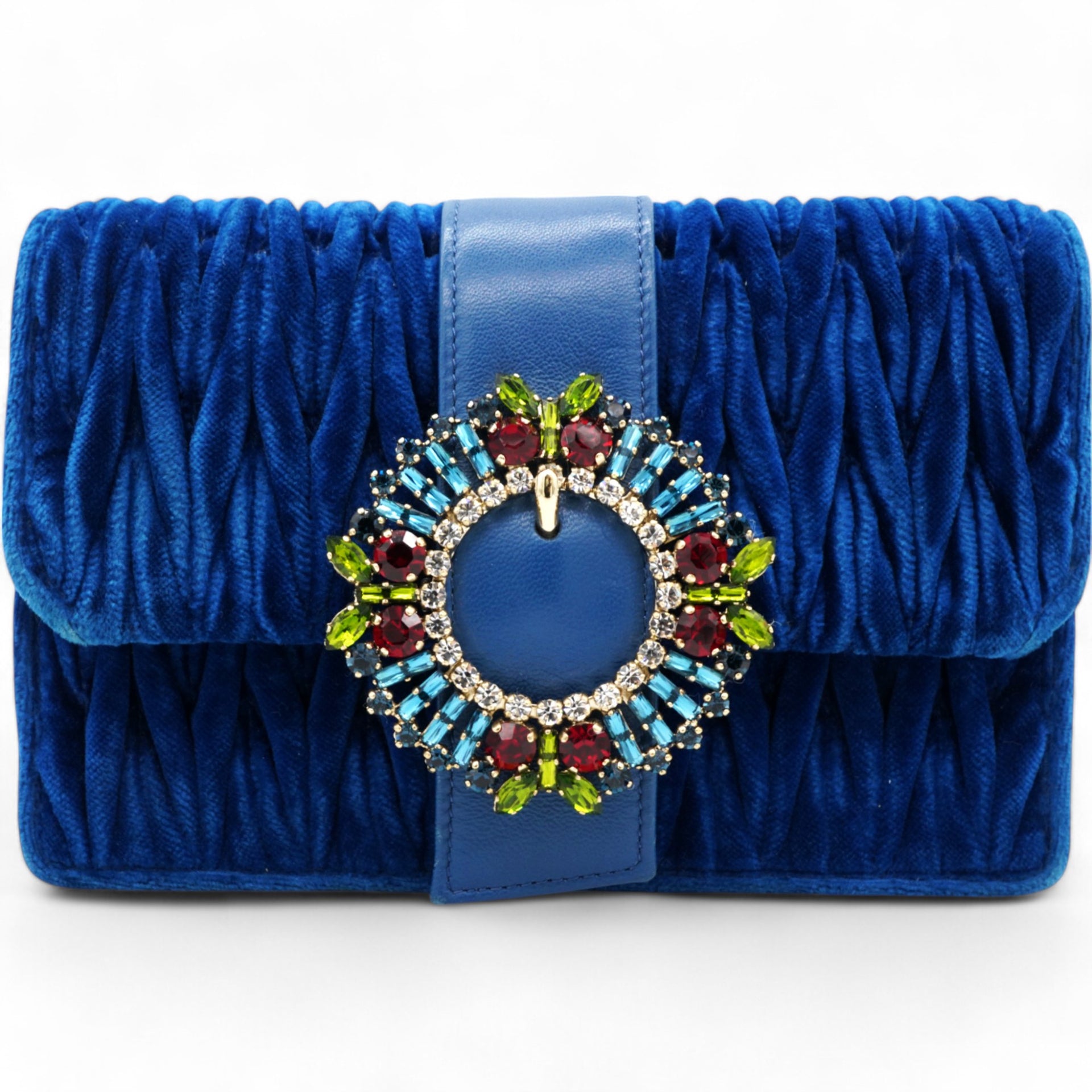 Blue Matelassé Velvet Jewel Clutch on chain