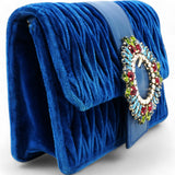 Blue Matelassé Velvet Jewel Clutch on chain