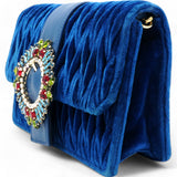 Blue Matelassé Velvet Jewel Clutch on chain