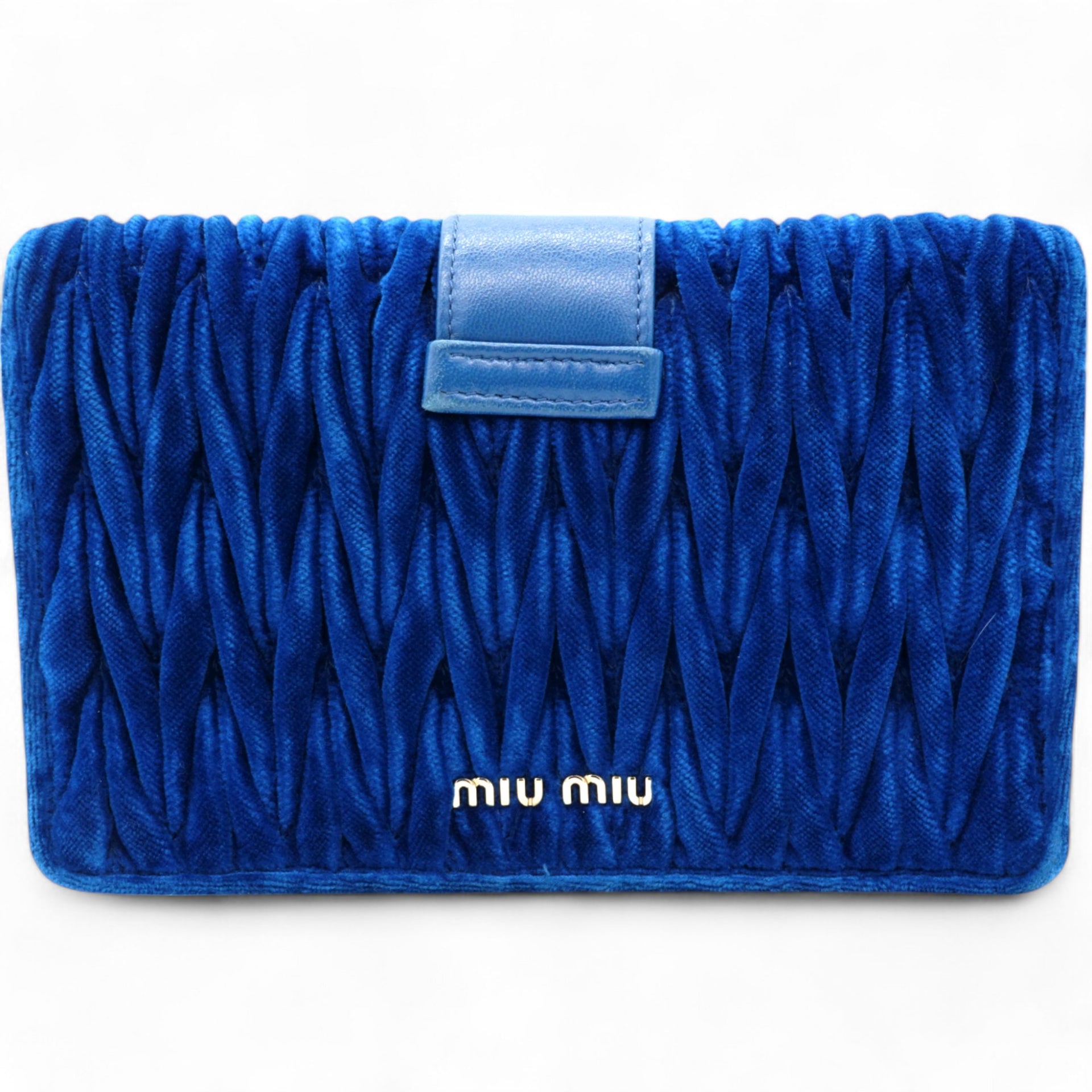 Blue Matelassé Velvet Jewel Clutch on chain