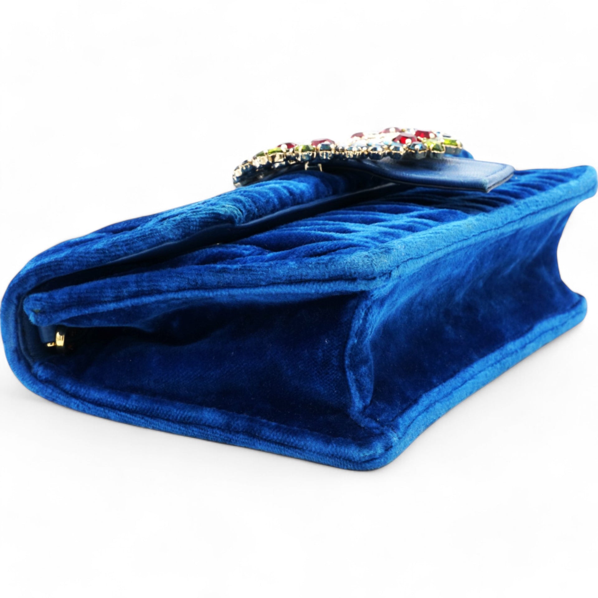 Blue Matelassé Velvet Jewel Clutch on chain