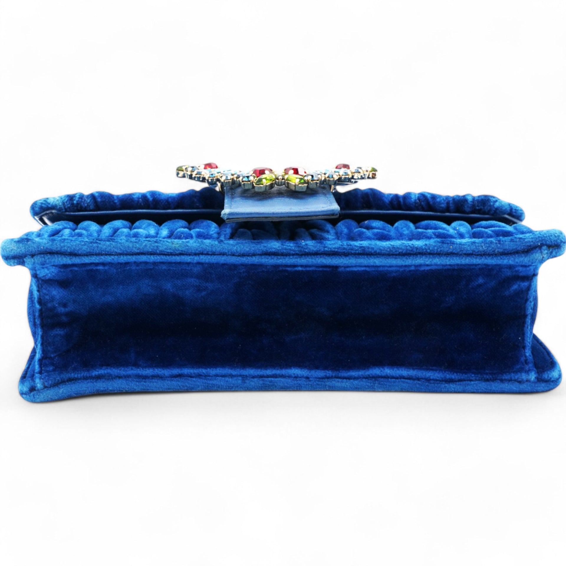 Blue Matelassé Velvet Jewel Clutch on chain