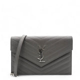 Grain De Poudre Matelasse Chevron Monogram Envelope Chain Wallet Dark Grey