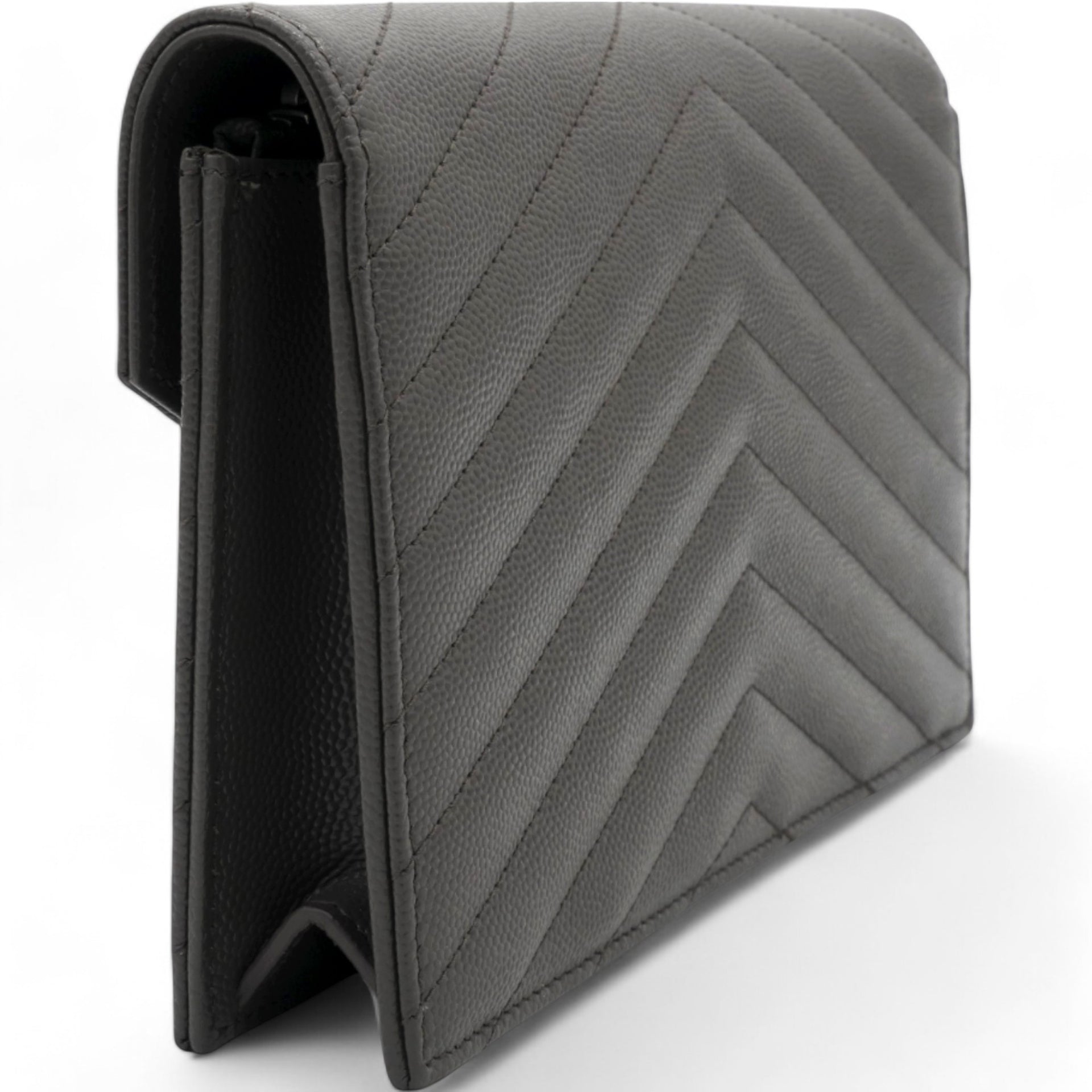 Grain De Poudre Matelasse Chevron Monogram Envelope Chain Wallet Dark Grey