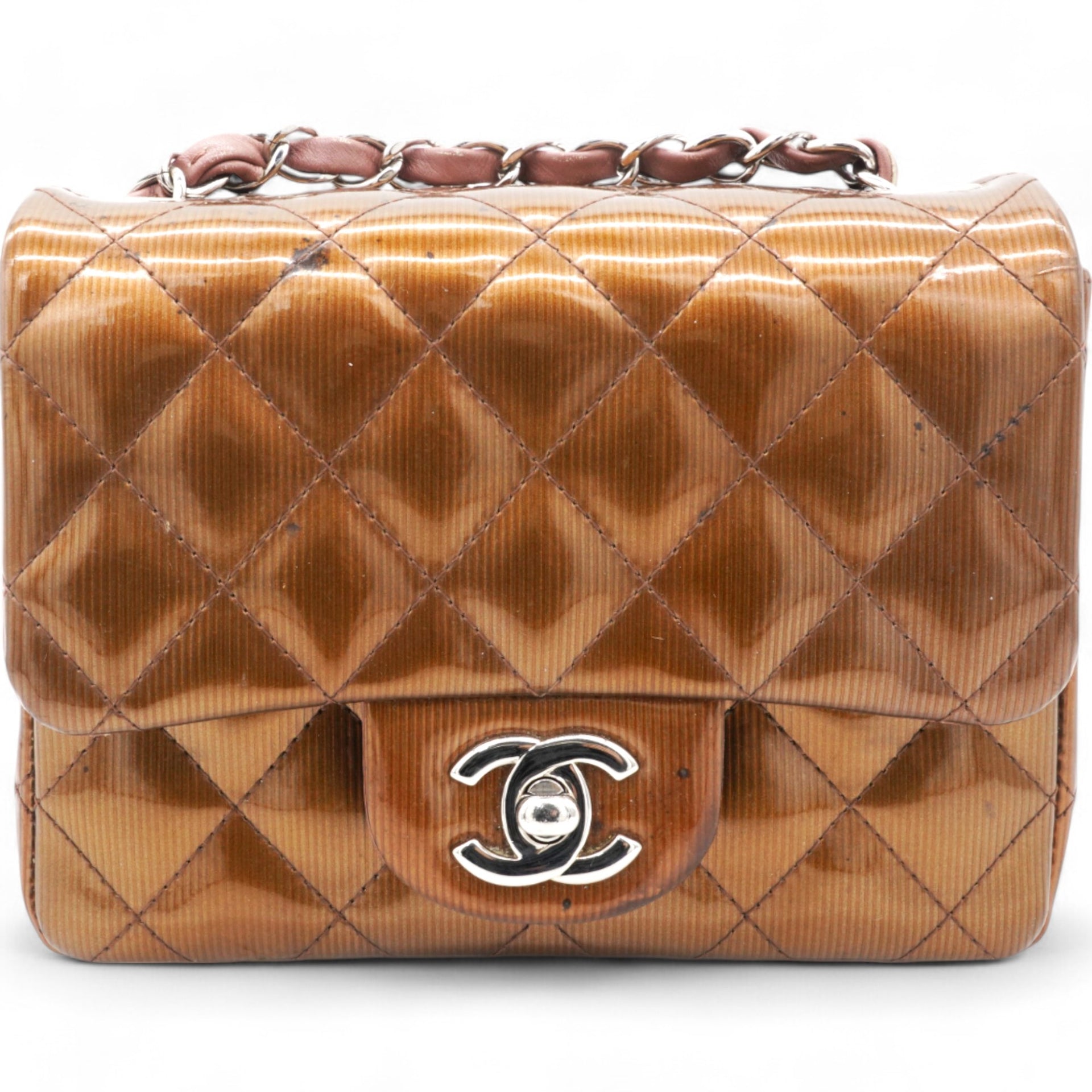 Striated Patent Quilted Mini Square Flap