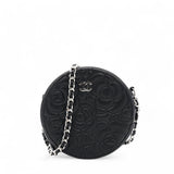 Caviar Camellia Embossed Round Clutch With Chain Black