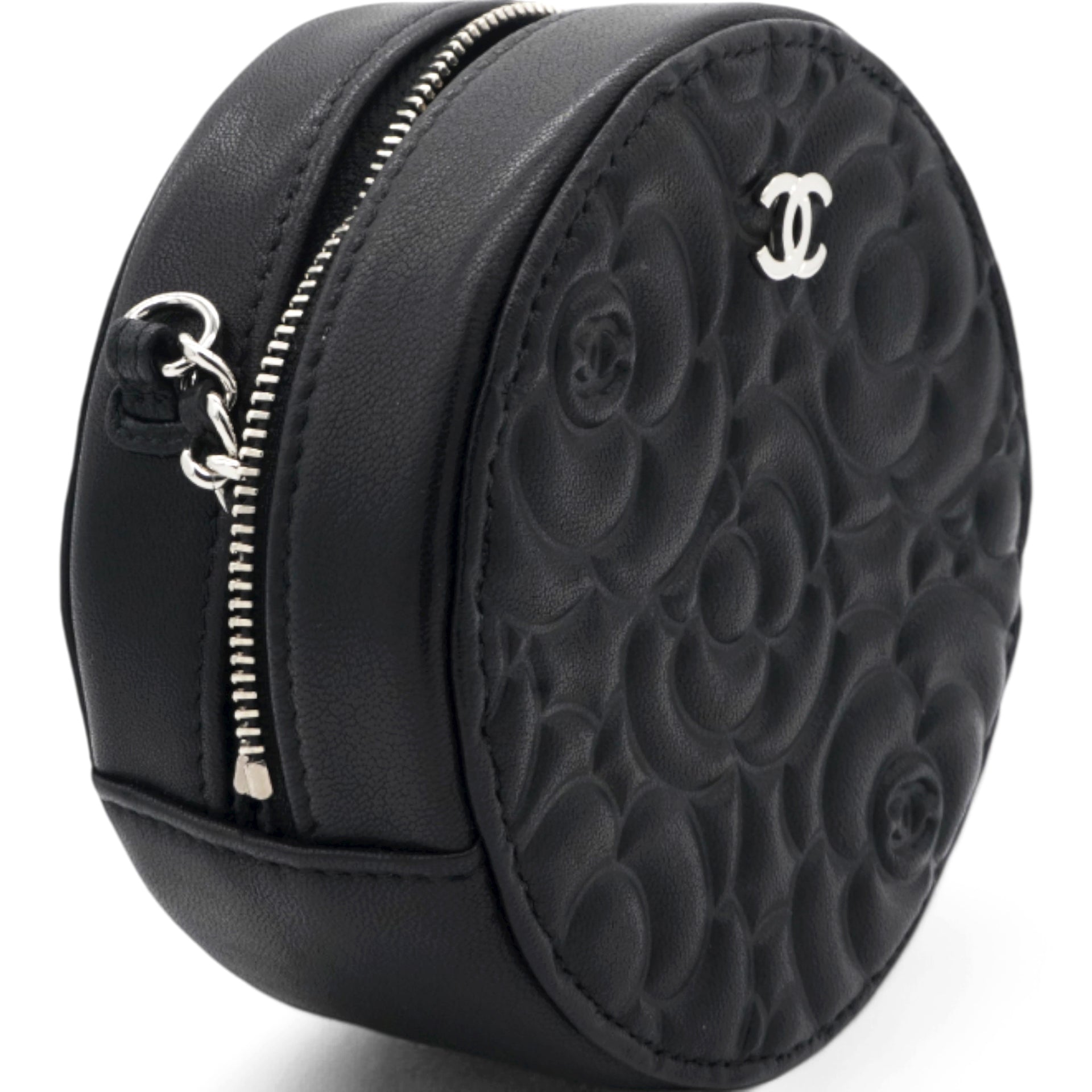 Caviar Camellia Embossed Round Clutch With Chain Black