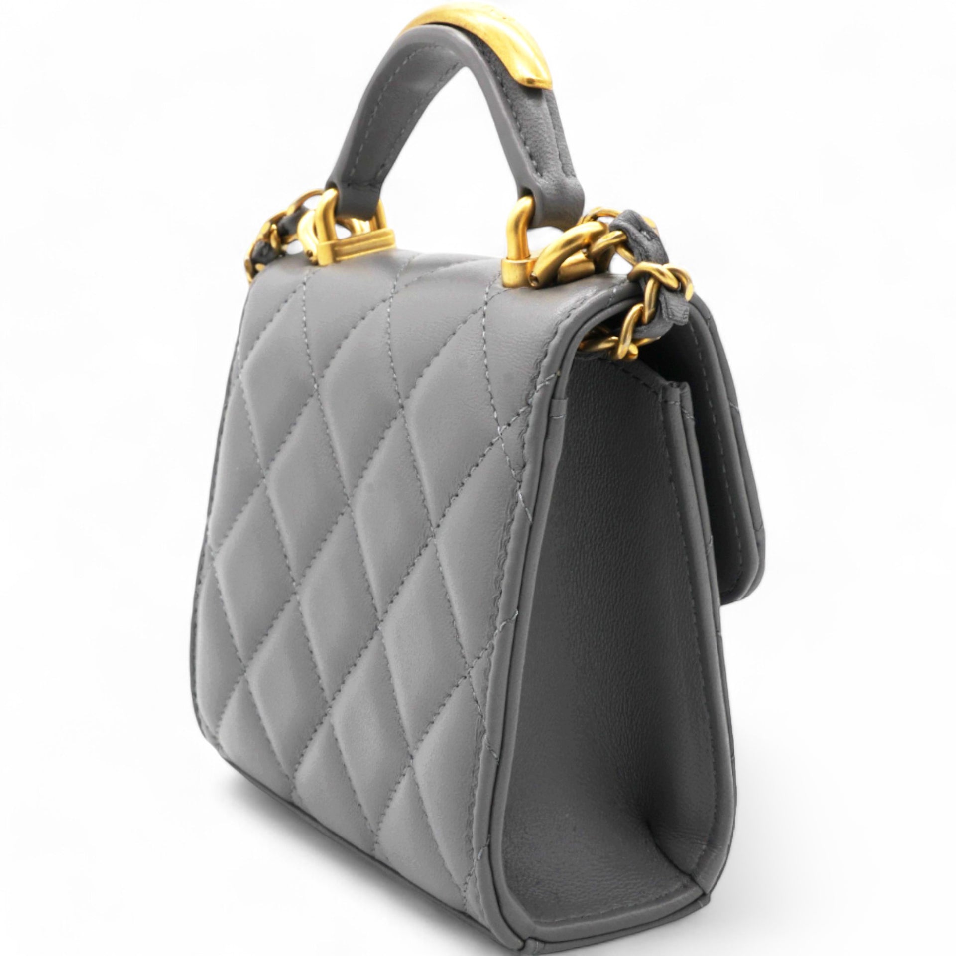 Lambskin Quilted Top Handle Flap Clutch With Chain Grey Mini