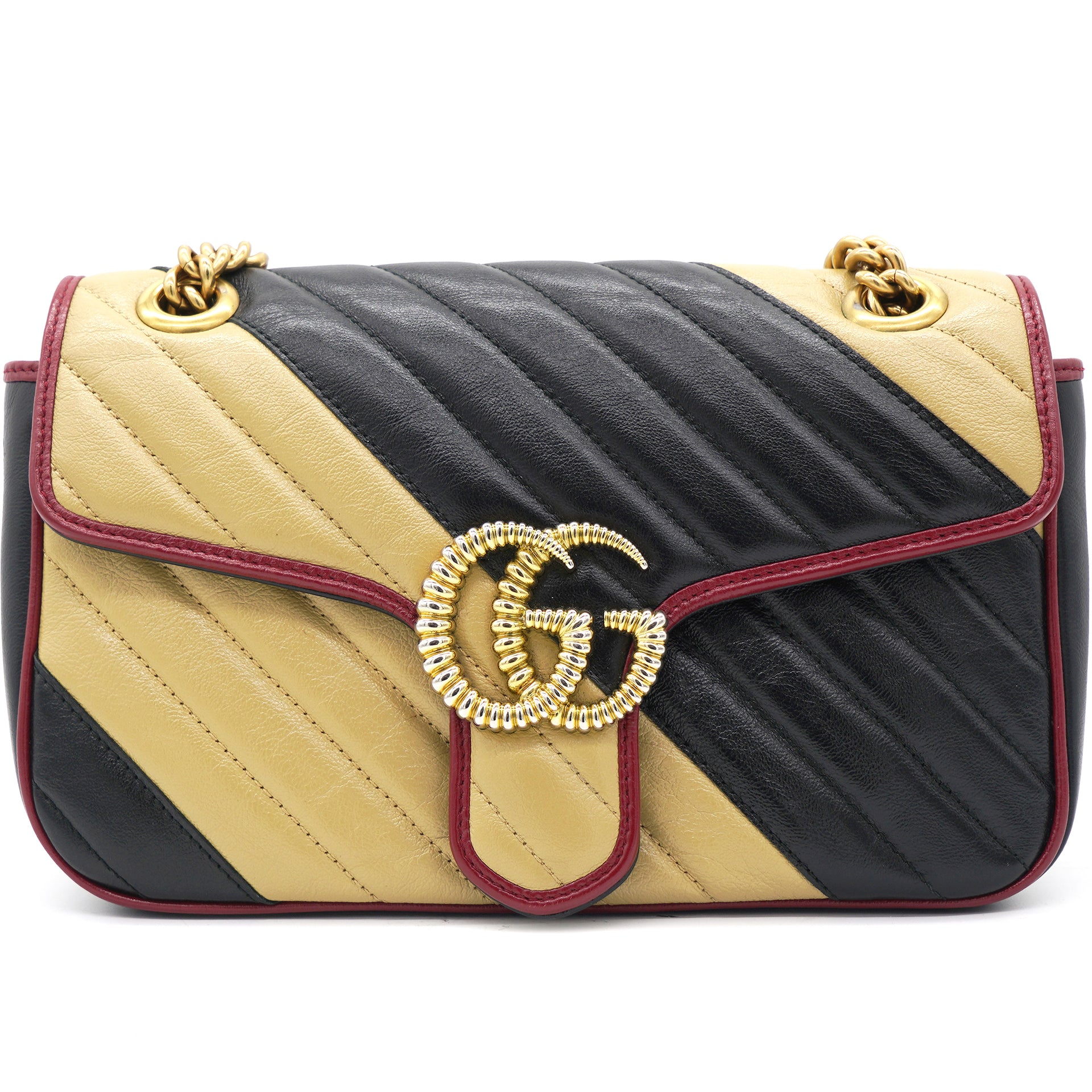 Gucci Monogram Matelasse Diagonal Small GG Marmont Shoulder Bag Beige Black
