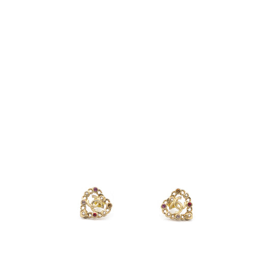 Pearl Crystal CC Heart Earrings Gold Multicolor