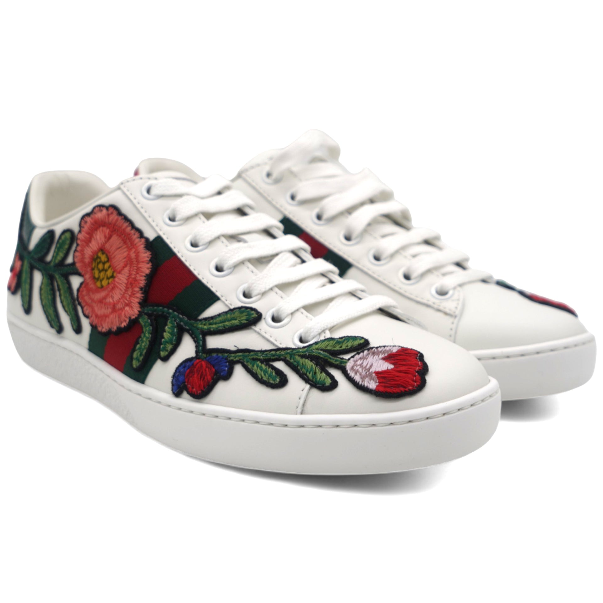 Calfskin Web Floral Embroidered Womens Ace Sneakers 36 White