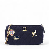 Navy Marine Cotton Phone Coco Mark Chain Shoulder Bag