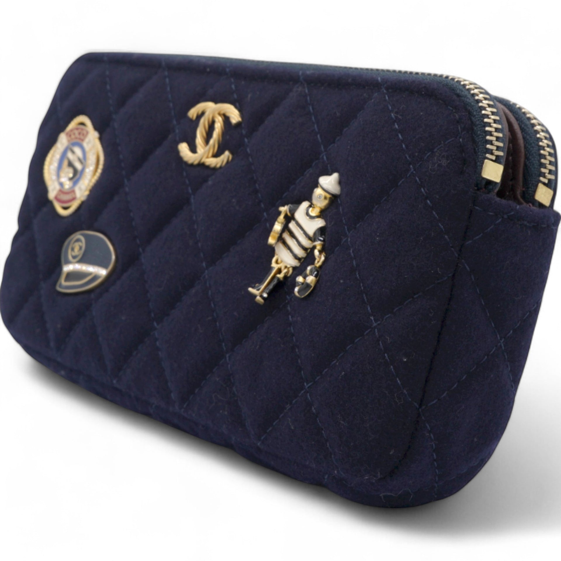 Navy Marine Cotton Phone Coco Mark Chain Shoulder Bag