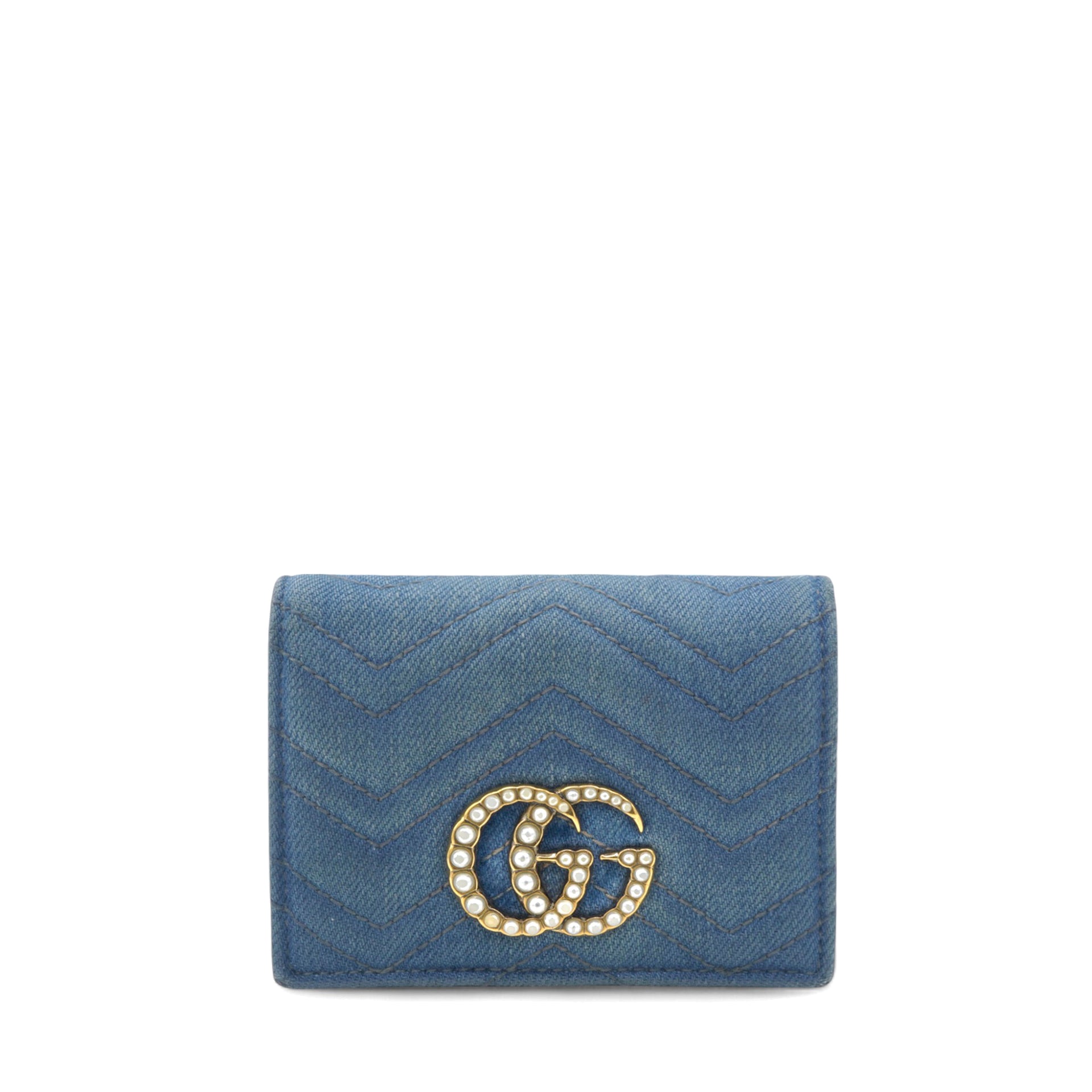 Denim Matelasse Pearly GG Marmont Card Case Wallet Blue