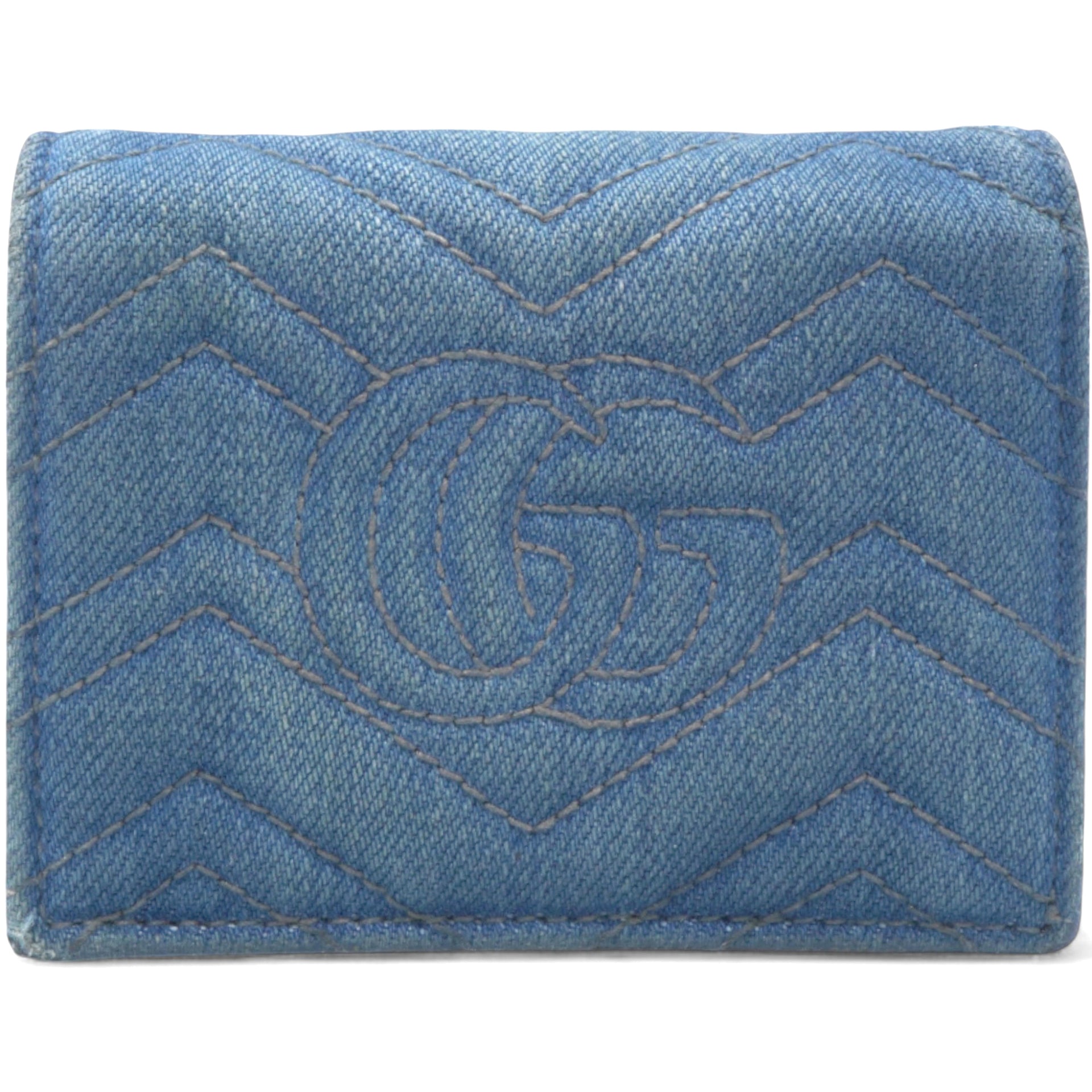 Denim Matelasse Pearly GG Marmont Card Case Wallet Blue