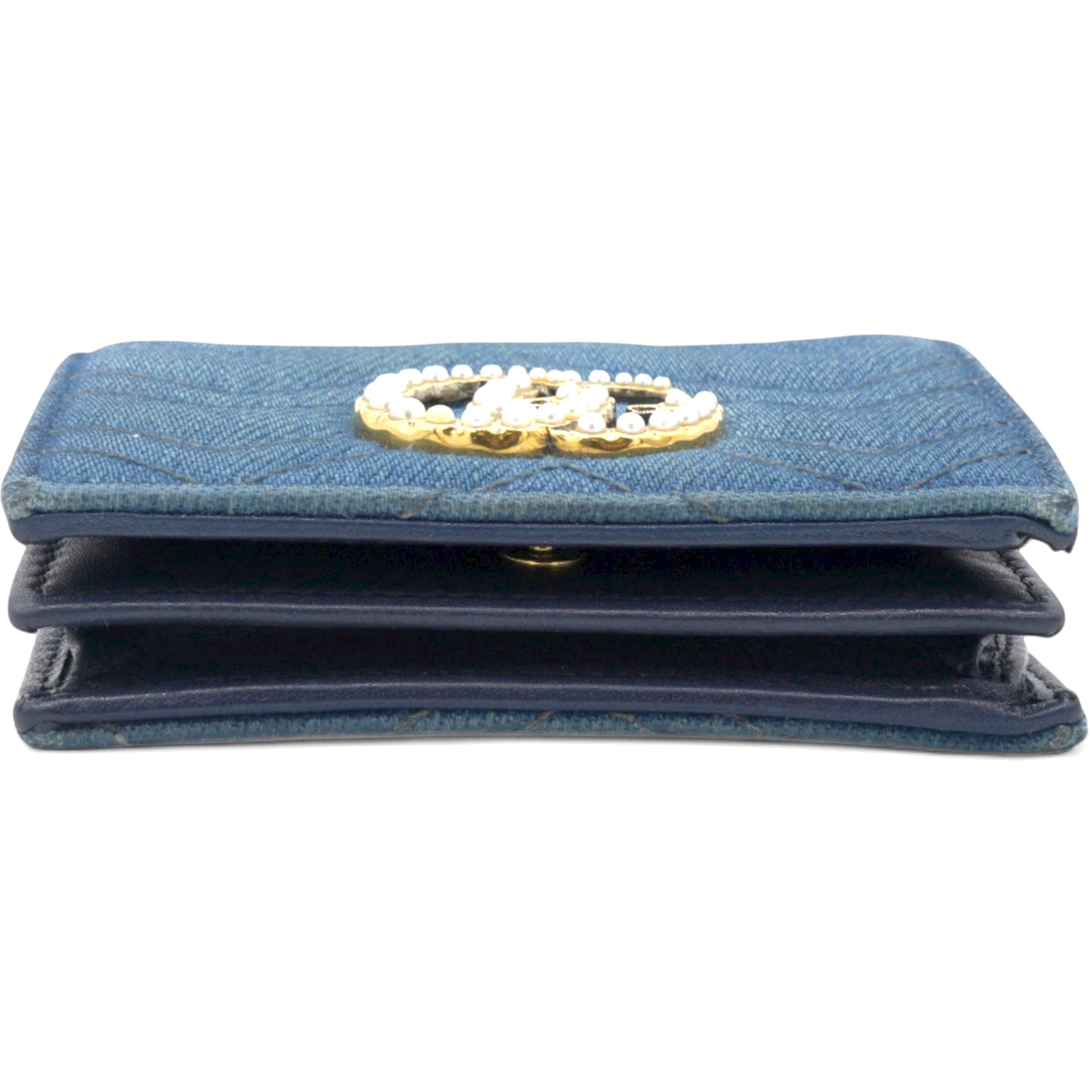 Denim Matelasse Pearly GG Marmont Card Case Wallet Blue