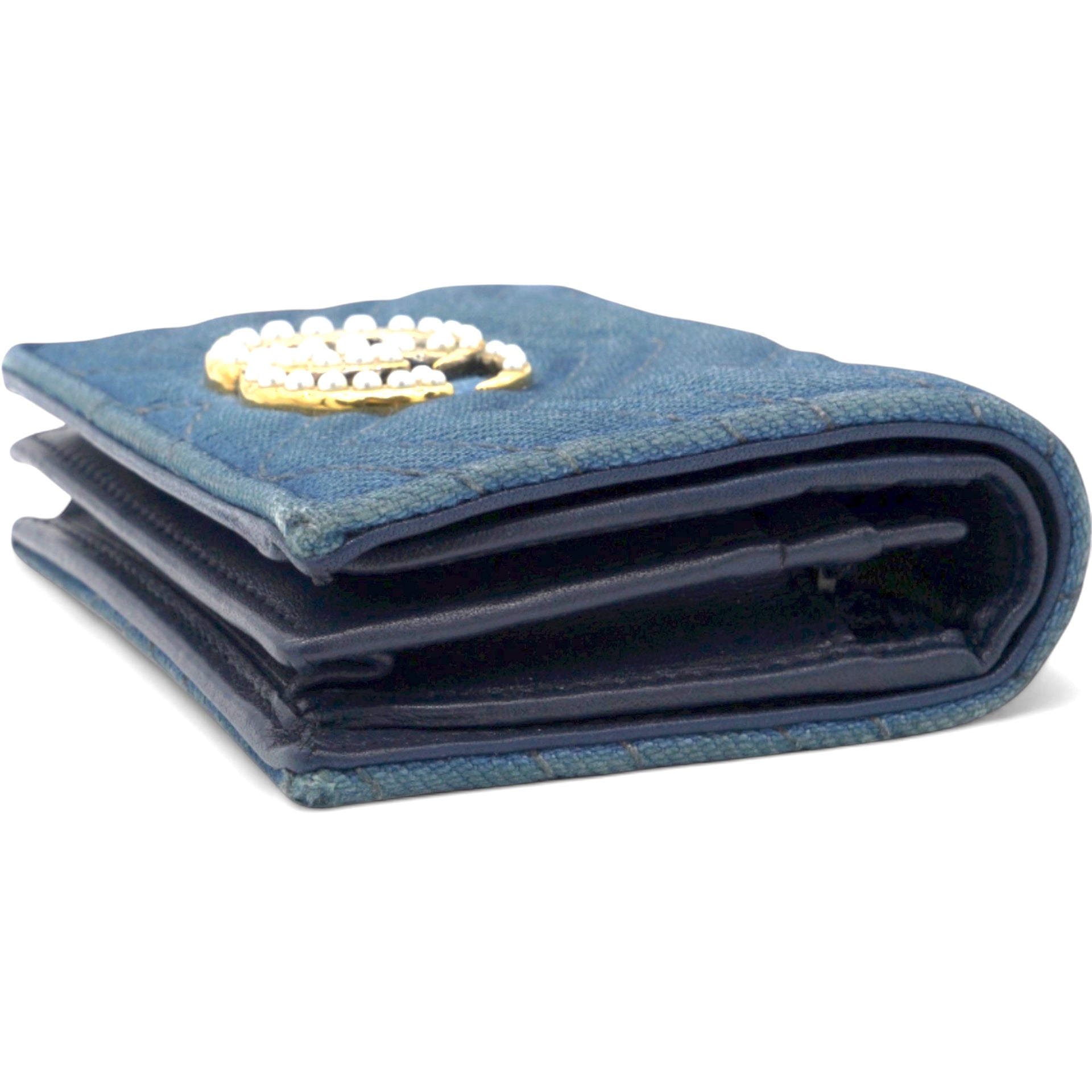 Denim Matelasse Pearly GG Marmont Card Case Wallet Blue