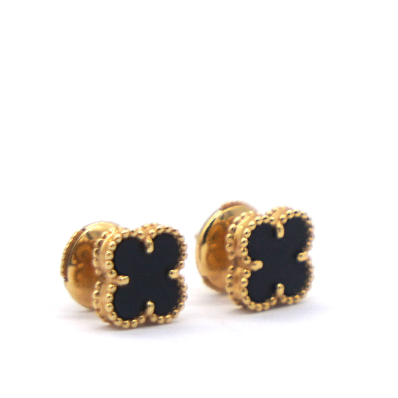 Mini Sweet Alhambra Onyx 18K Yellow Gold Stud Earrings