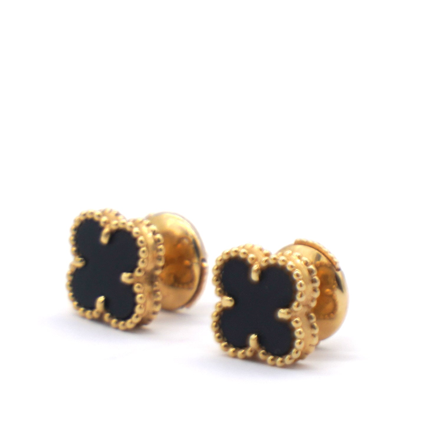 Mini Sweet Alhambra Onyx 18K Yellow Gold Stud Earrings