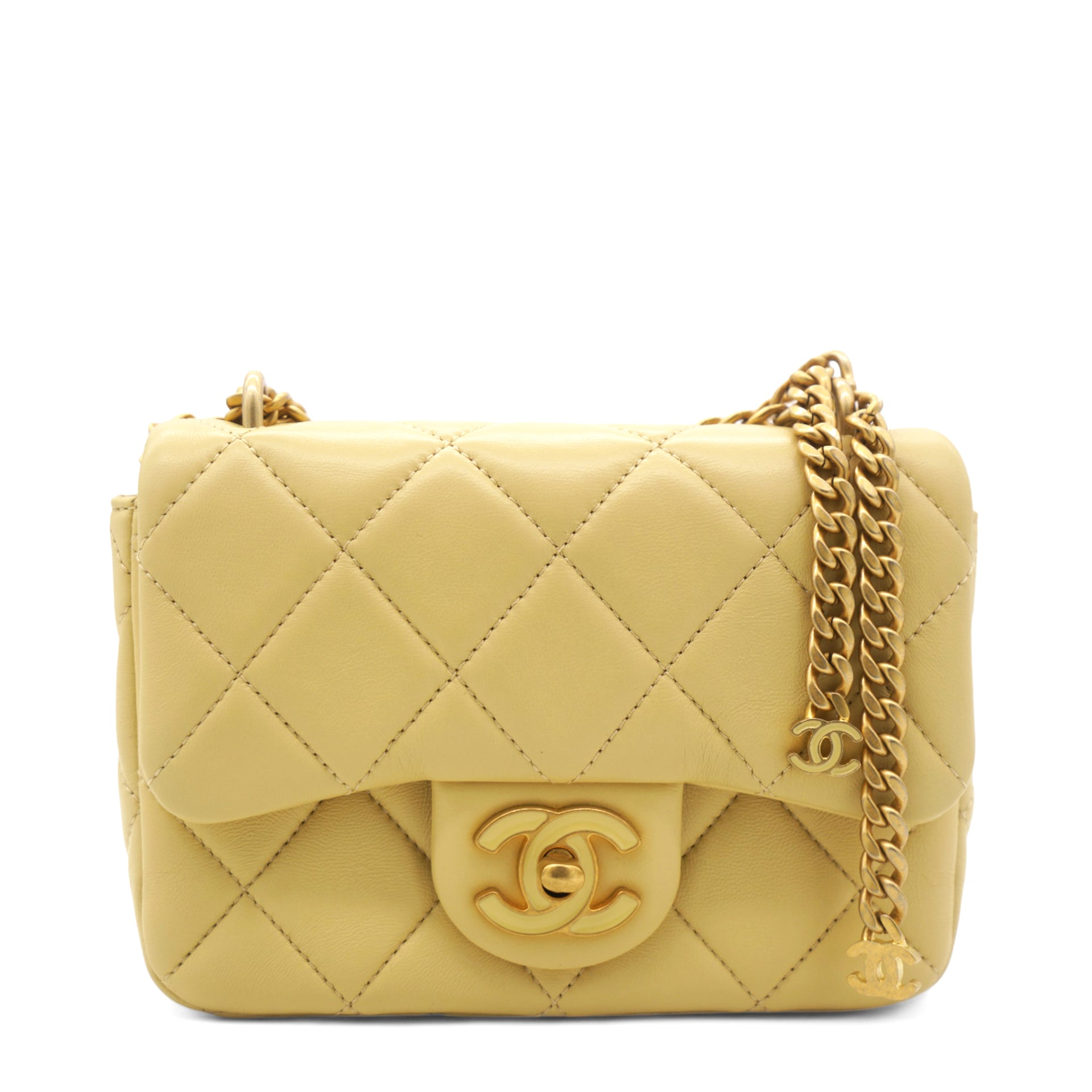 Lambskin Enamel Quilted Pending CC Mini Square Flap Yellow