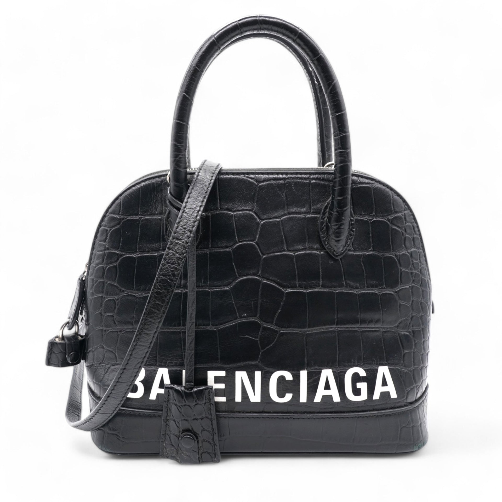 Logo Crocodile Embossed S Ville Top Handle Bag Black White