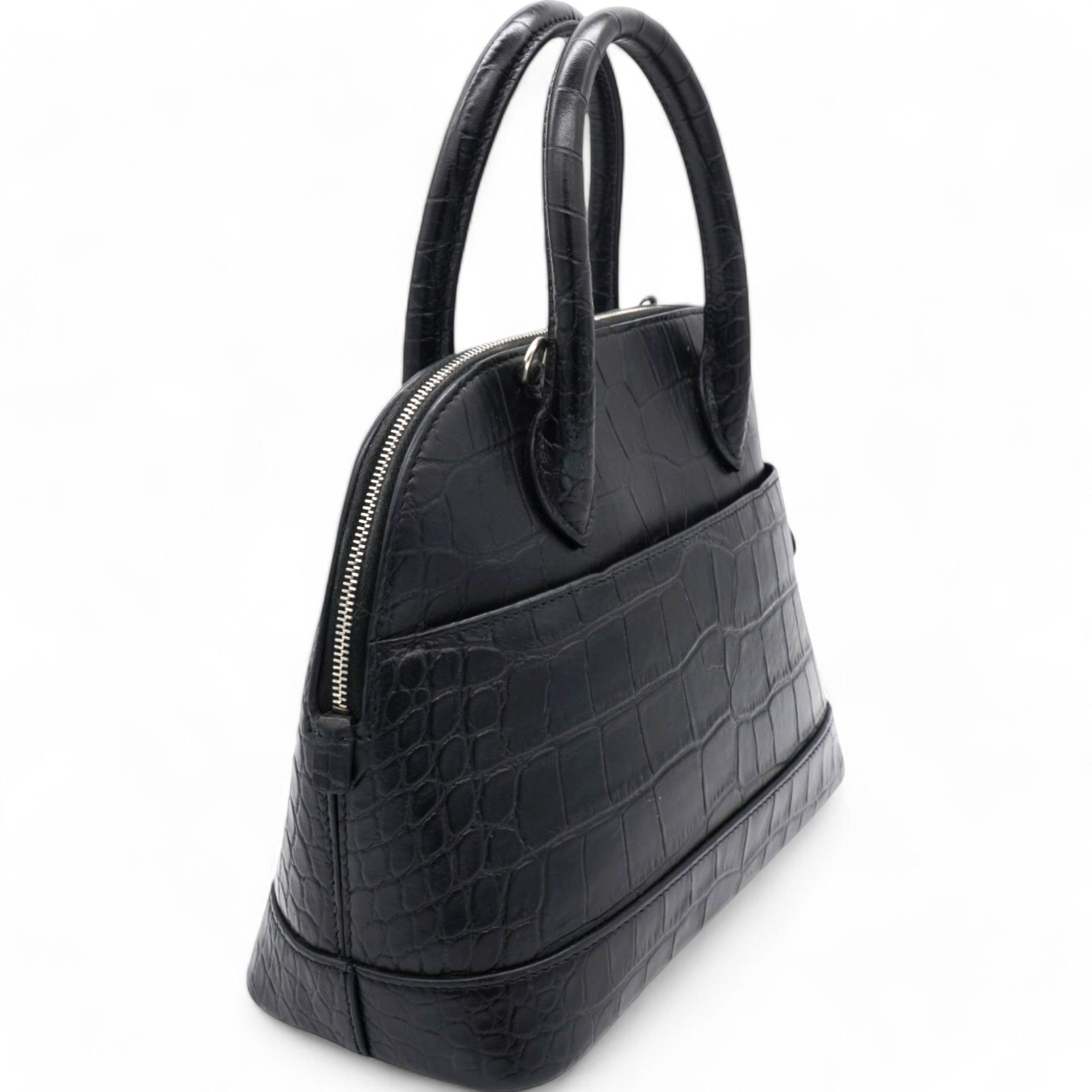 Logo Crocodile Embossed S Ville Top Handle Bag Black White