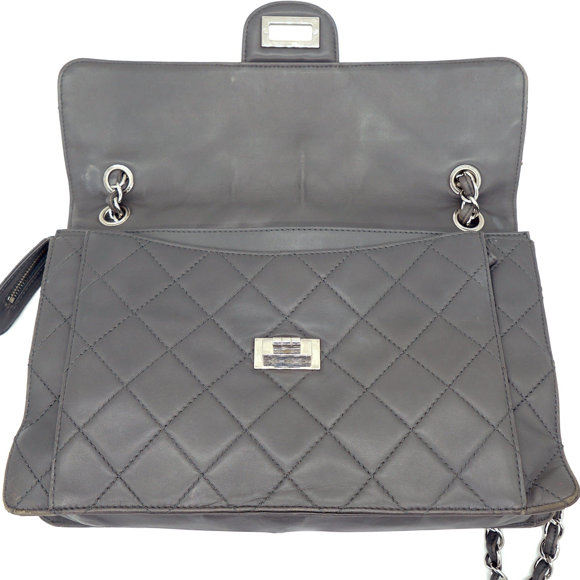 Graphite Grey Quilted Leather Mademoiselle 3 Flap Bag