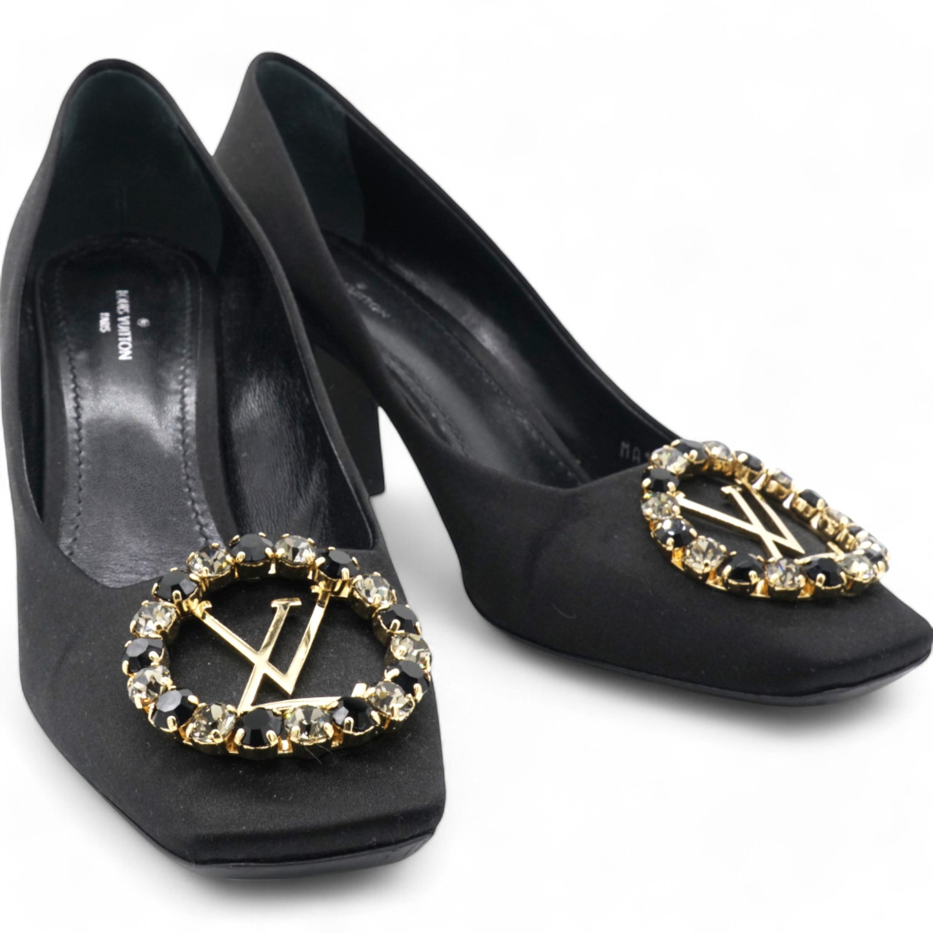 Black Satin Crystal Embellished Madeleine Pumps Size 38