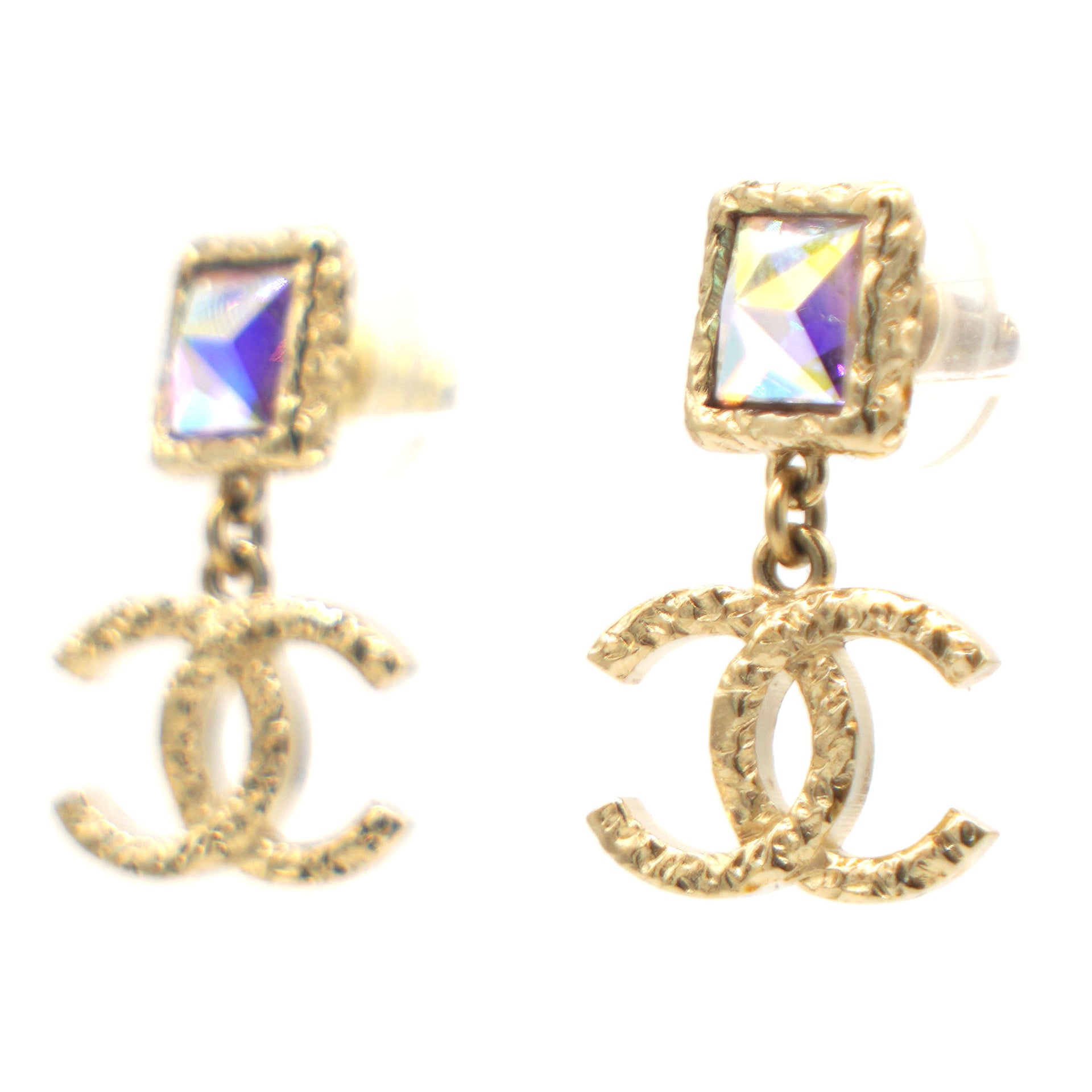 Iridescent Baguette Crystal CC Drop Earrings Gold