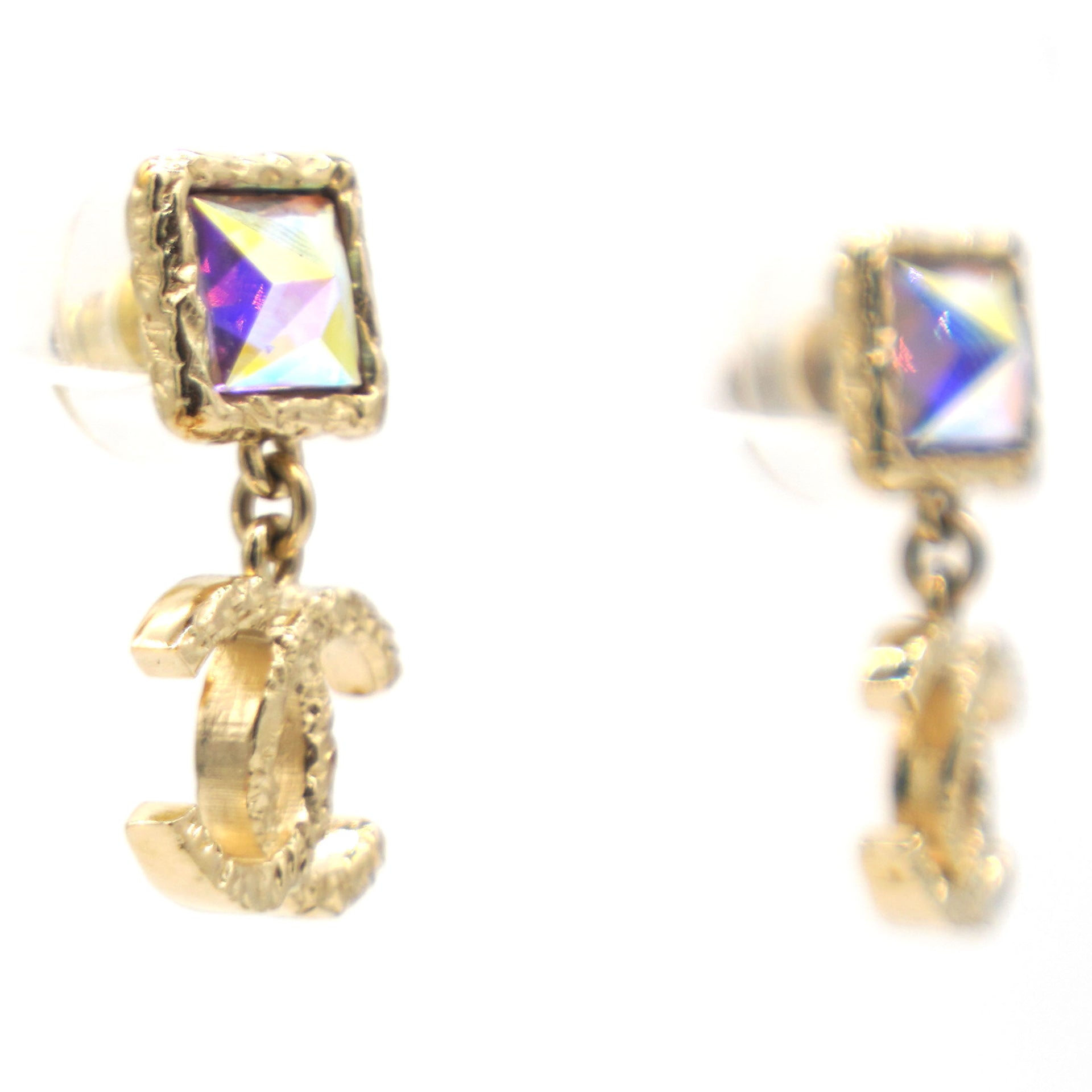 Iridescent Baguette Crystal CC Drop Earrings Gold