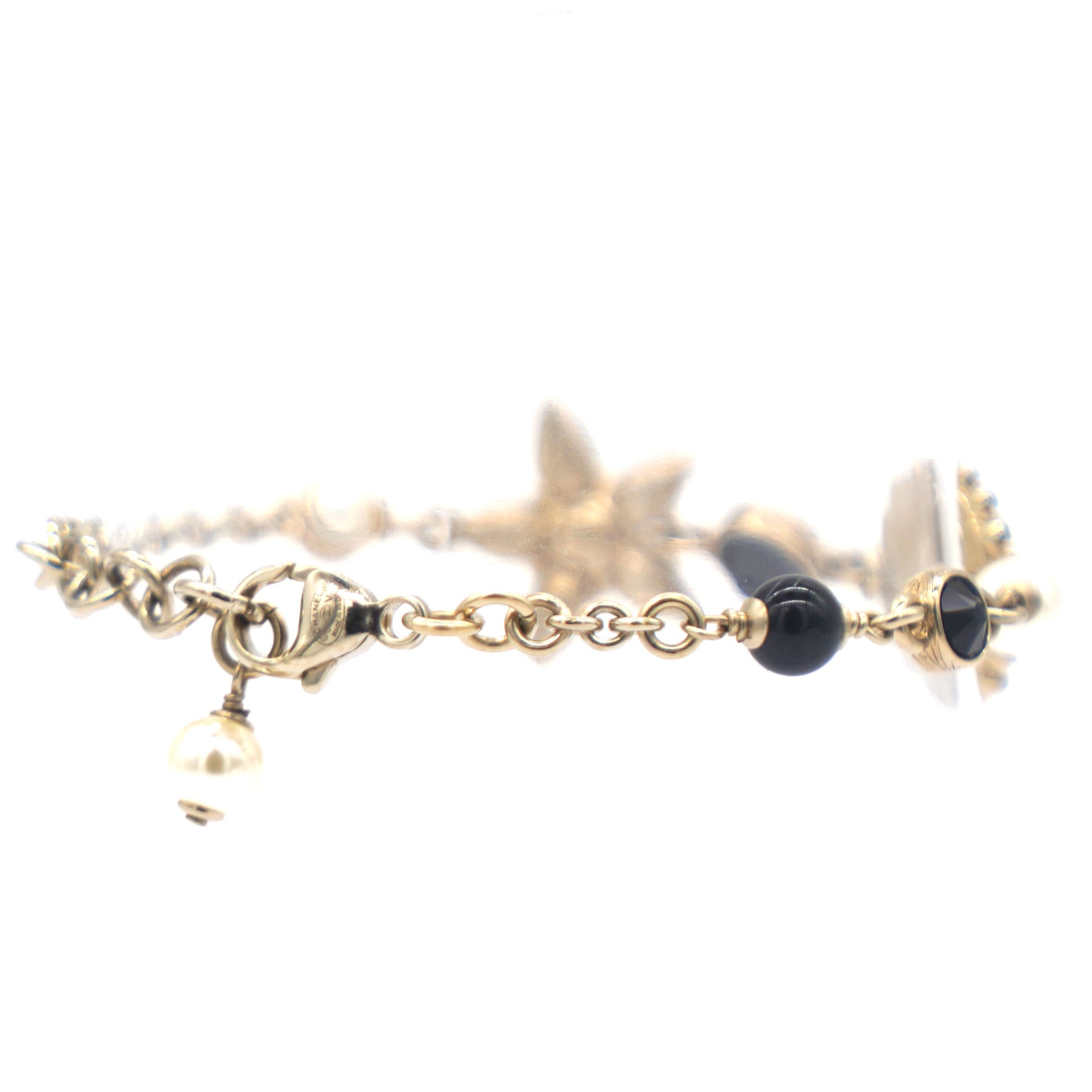 Gold Pearl & Crystal CC Flower Charm Bracelet