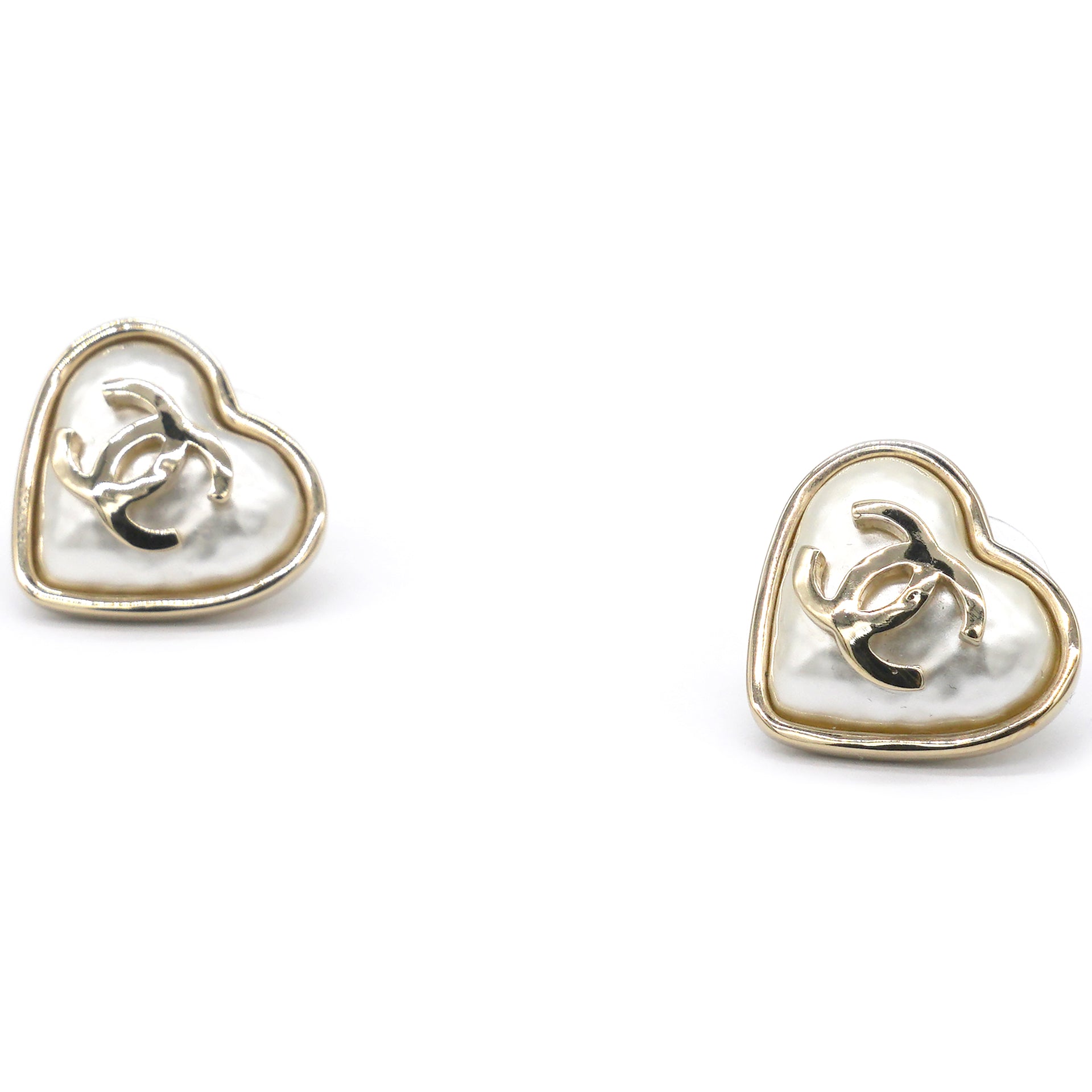 Chanel Pearl CC Heart Earrings Gold