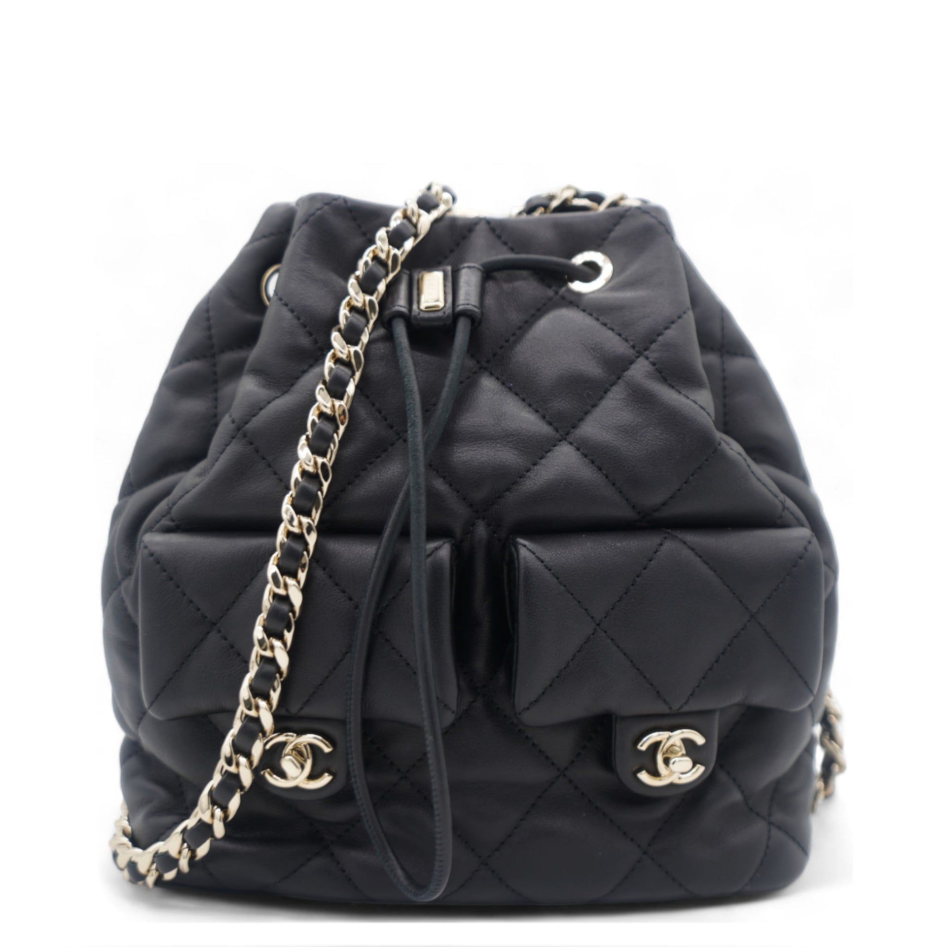 Lambskin Quilted Drawstring Backpack Black