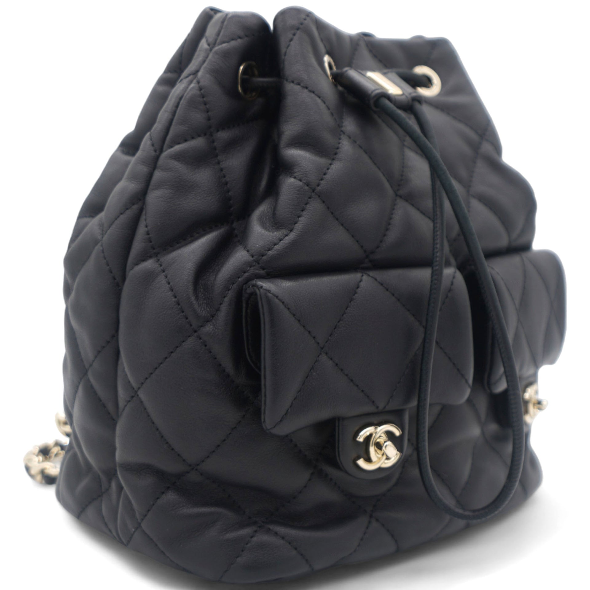 Lambskin Quilted Drawstring Backpack Black