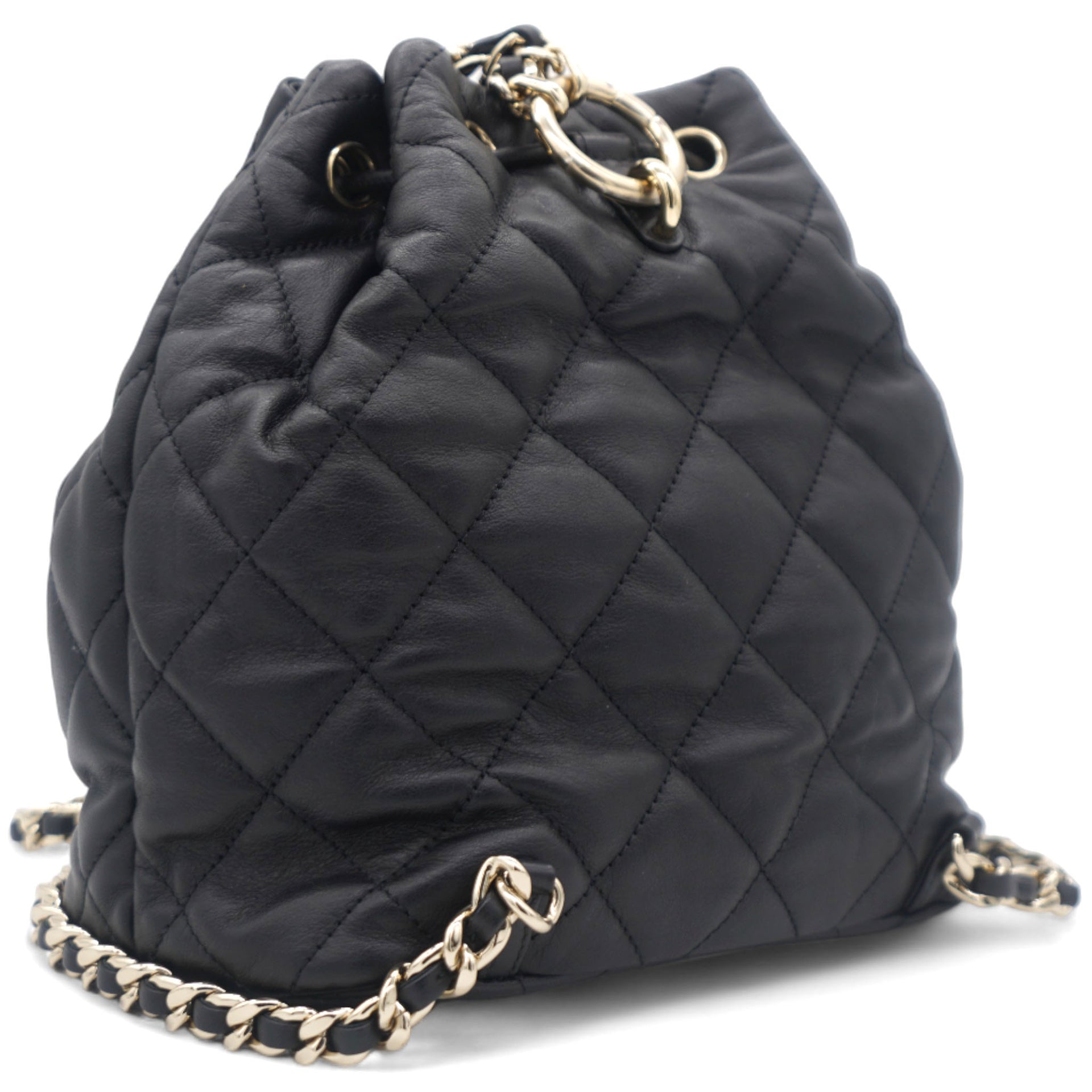 Lambskin Quilted Drawstring Backpack Black