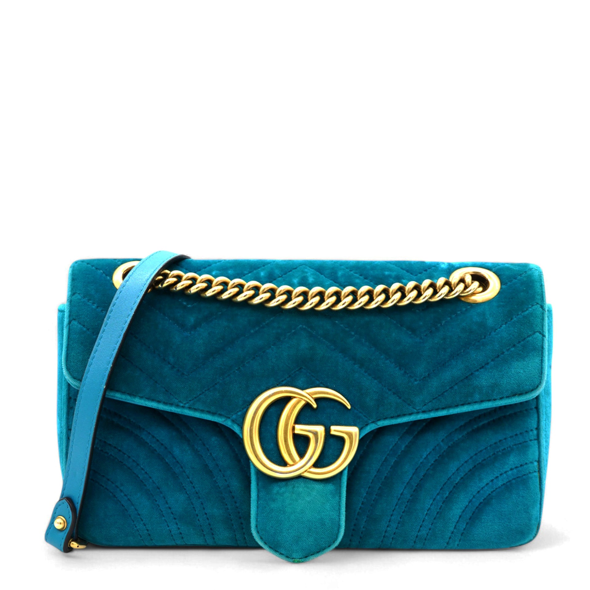 Velvet Matelasse Small GG Marmont Shoulder Bag Pavone Cyan