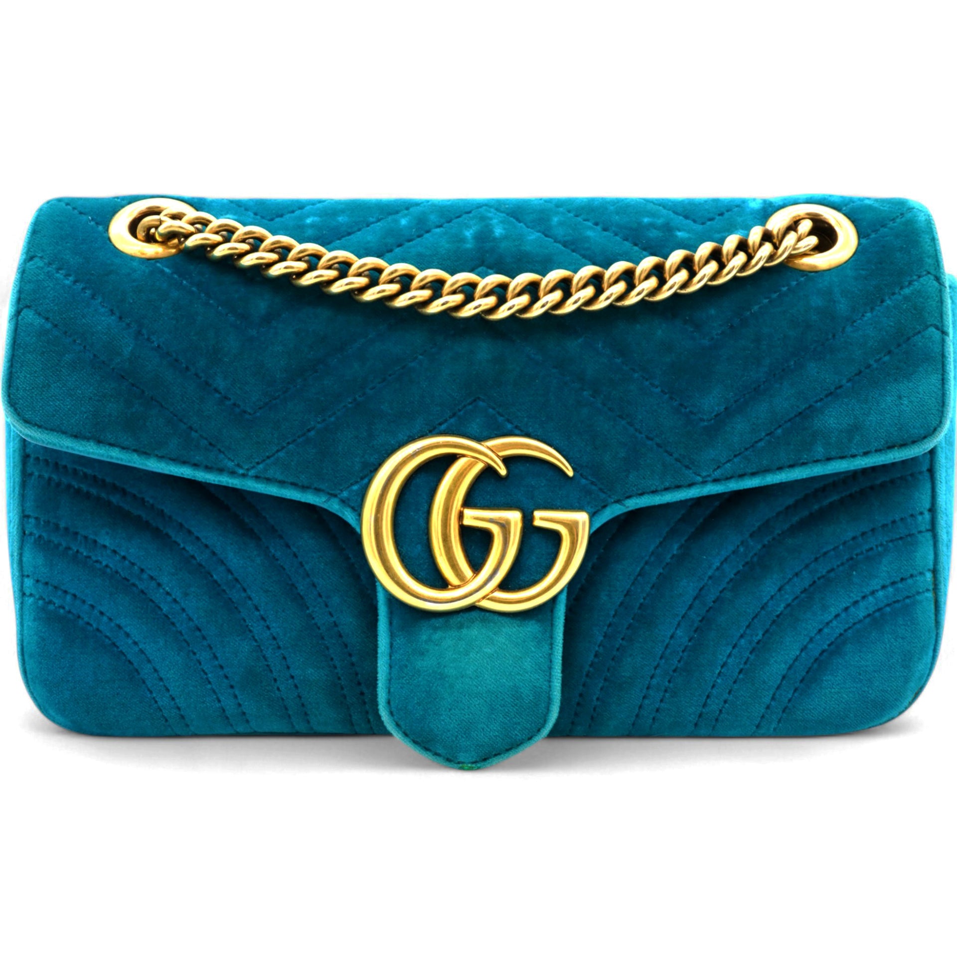 Velvet Matelasse Small GG Marmont Shoulder Bag Pavone Cyan