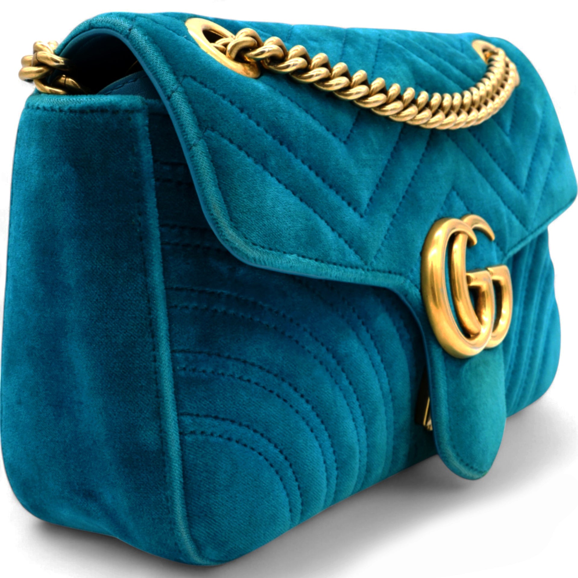 Velvet Matelasse Small GG Marmont Shoulder Bag Pavone Cyan