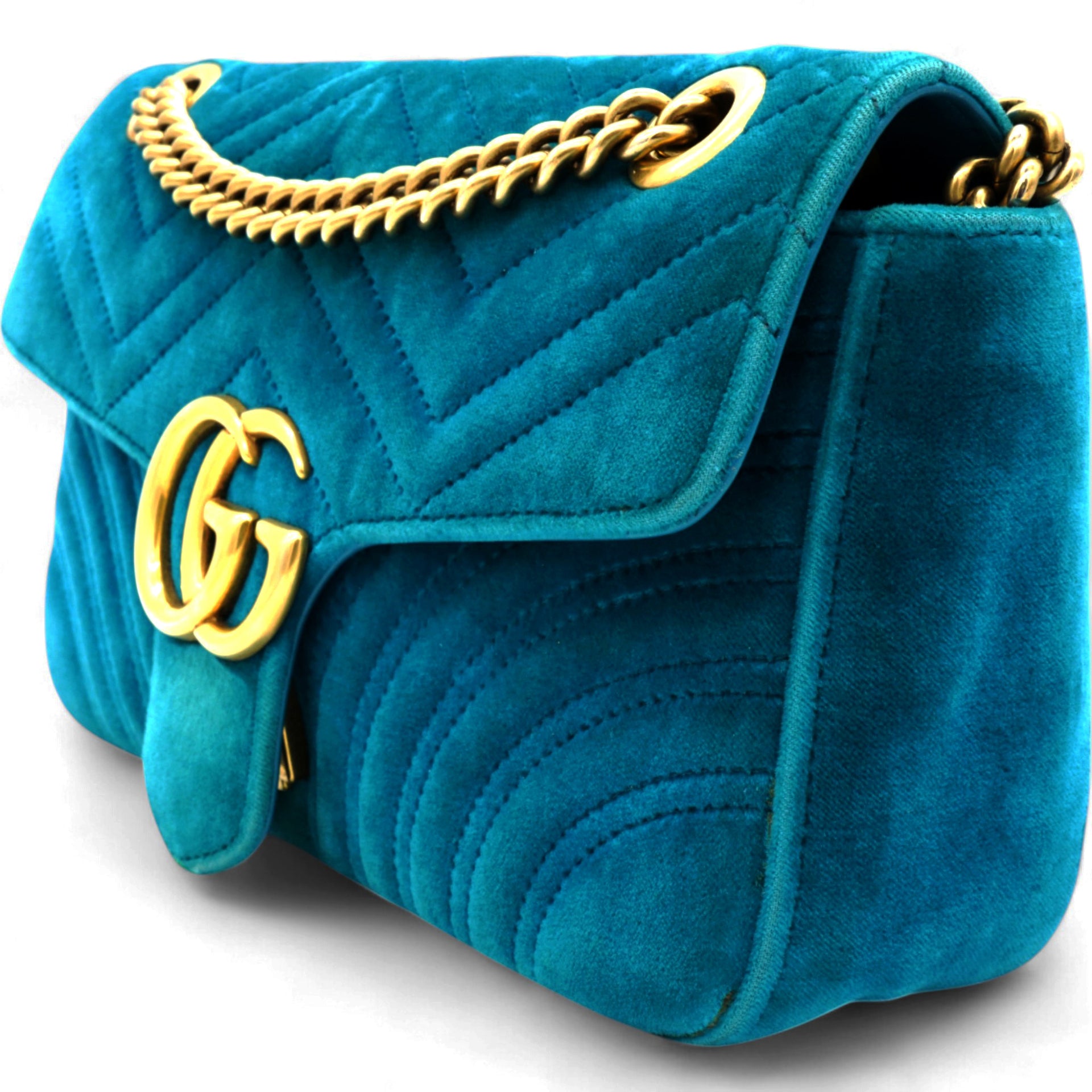 Velvet Matelasse Small GG Marmont Shoulder Bag Pavone Cyan