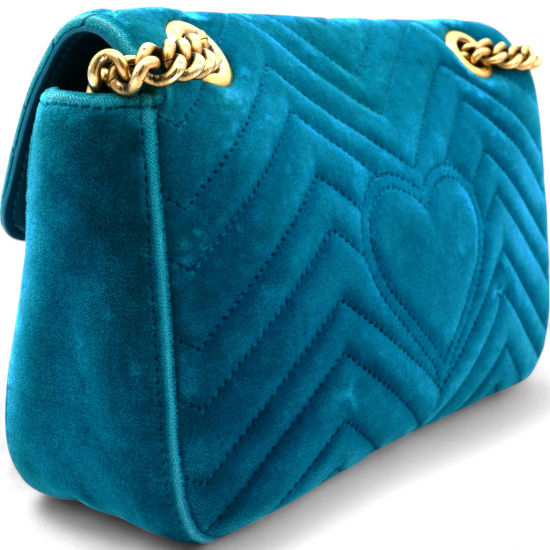 Velvet Matelasse Small GG Marmont Shoulder Bag Pavone Cyan